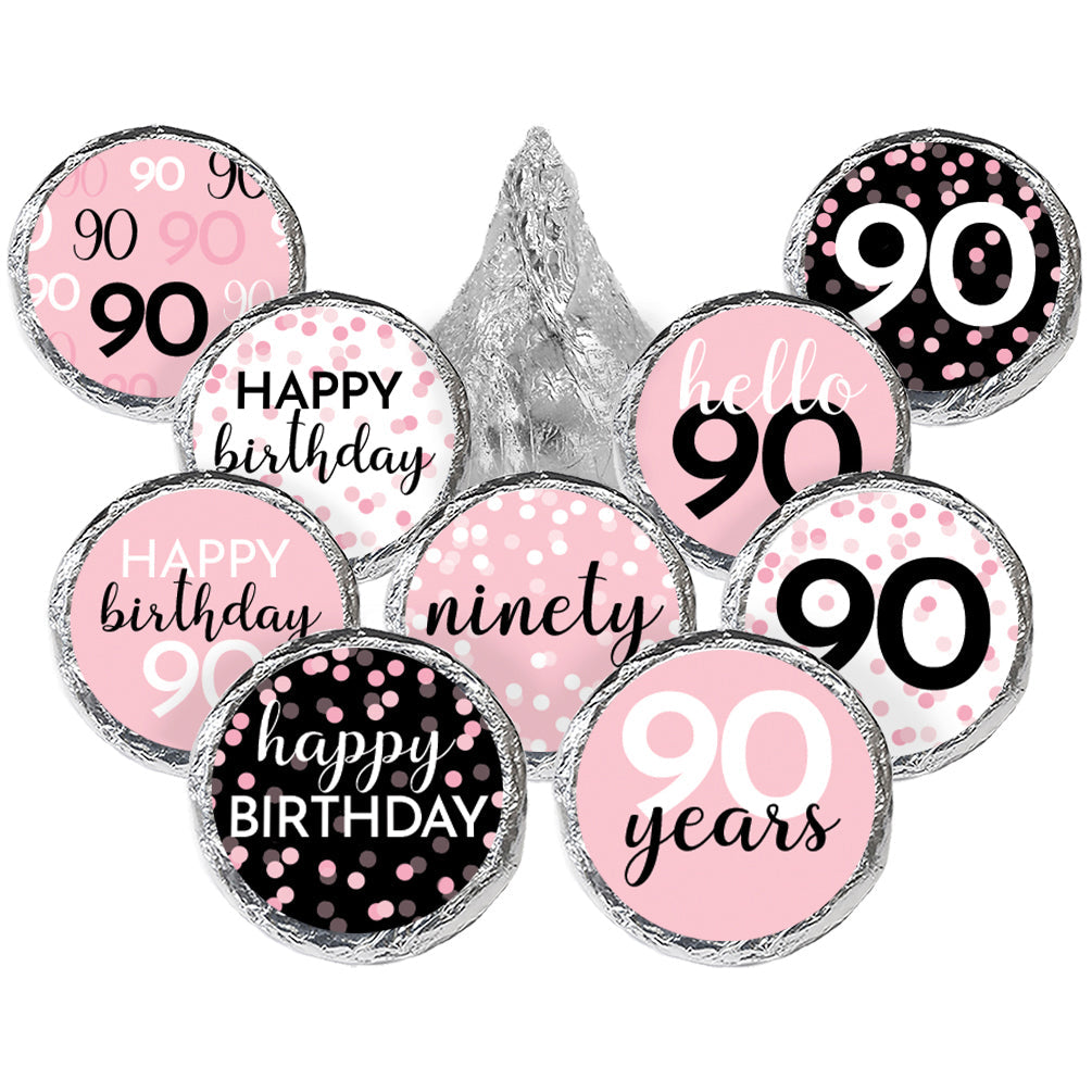 Pink and Black 90th Birthday Stickers - Fits Hersheys Kisses Candy