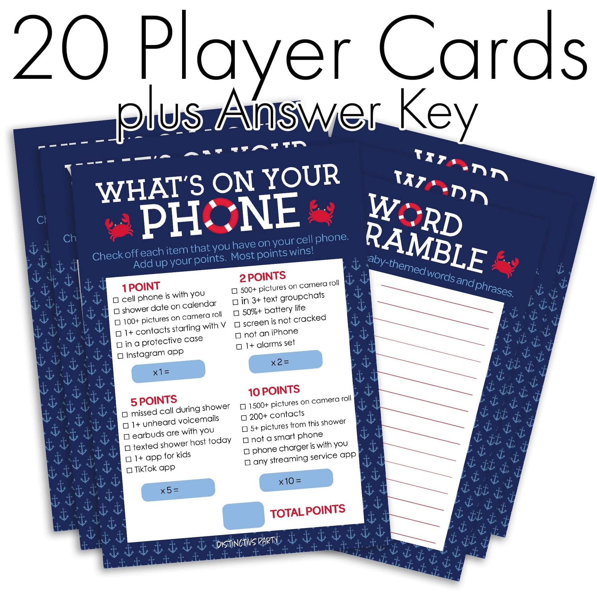 Ahoy It's a Boy Baby Shower 2 Game Bundle - What's On Your Phone and Word Scramble - 20 Dual Sided Cards
