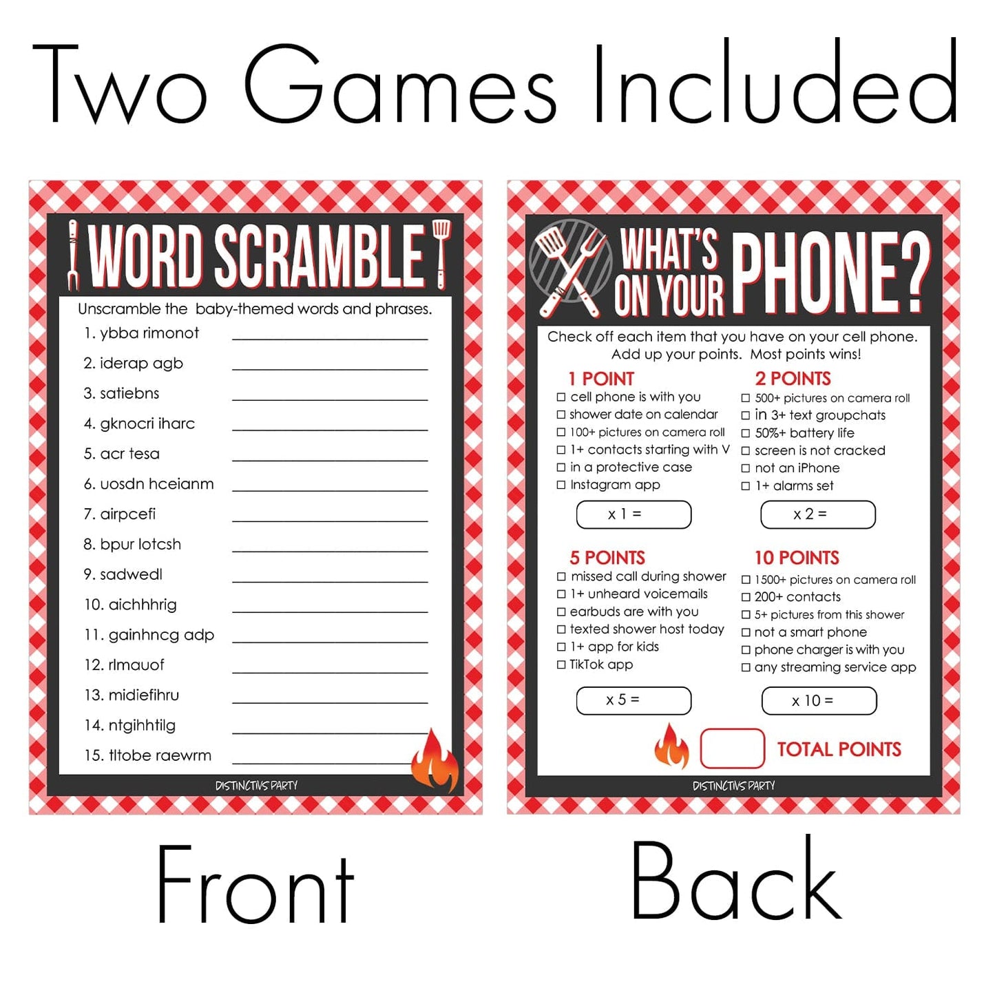 Baby-Q Barbecue Baby Shower 2 Game Bundle - What's On Your Phone and Word Scramble - 20 Dual Sided Cards