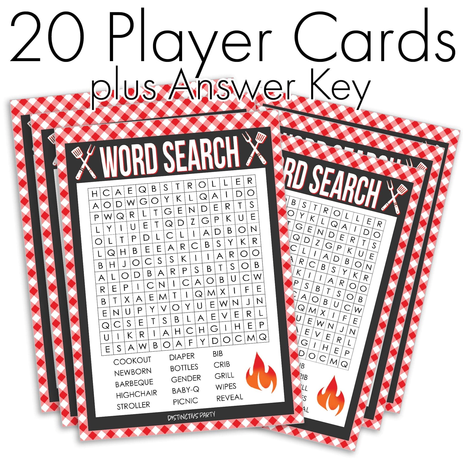 Baby-Q Barbecue Gender Reveal Party - Word Search - 20 Player Cards