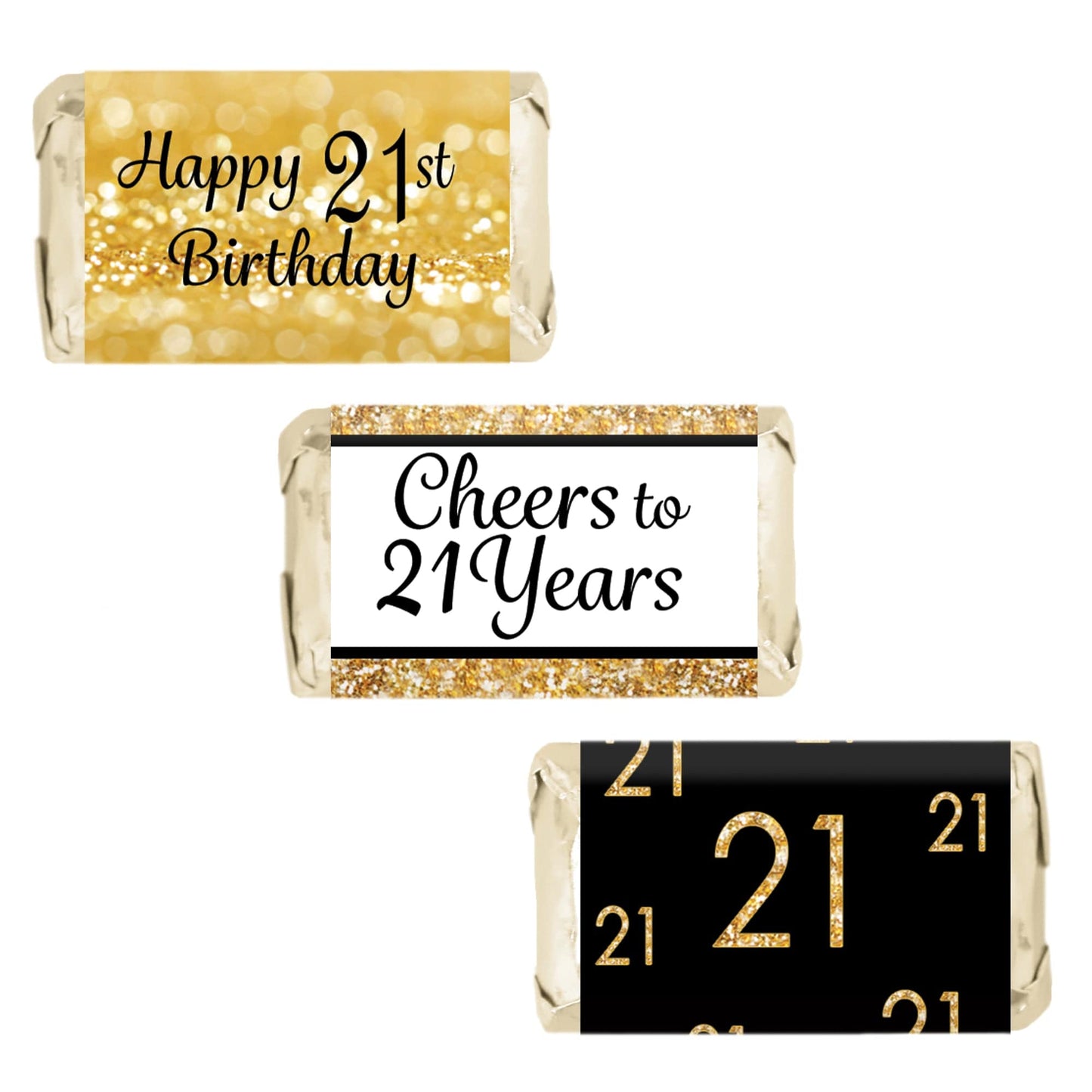 Black and Gold 21st Birthday Party Mini Candy Bar Stickers - 45 Count