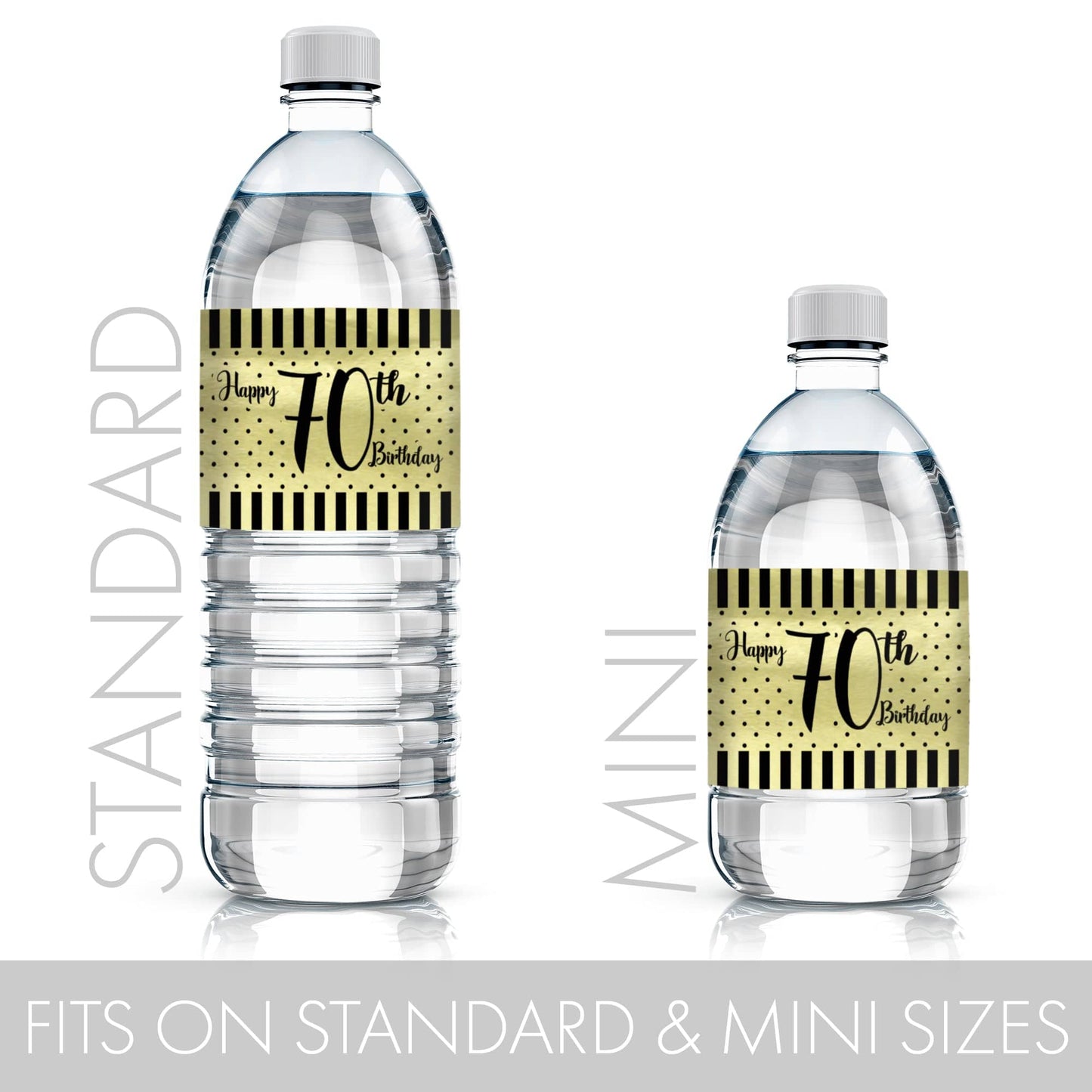 Celebrate 70 with these chic black and gold water bottle labels