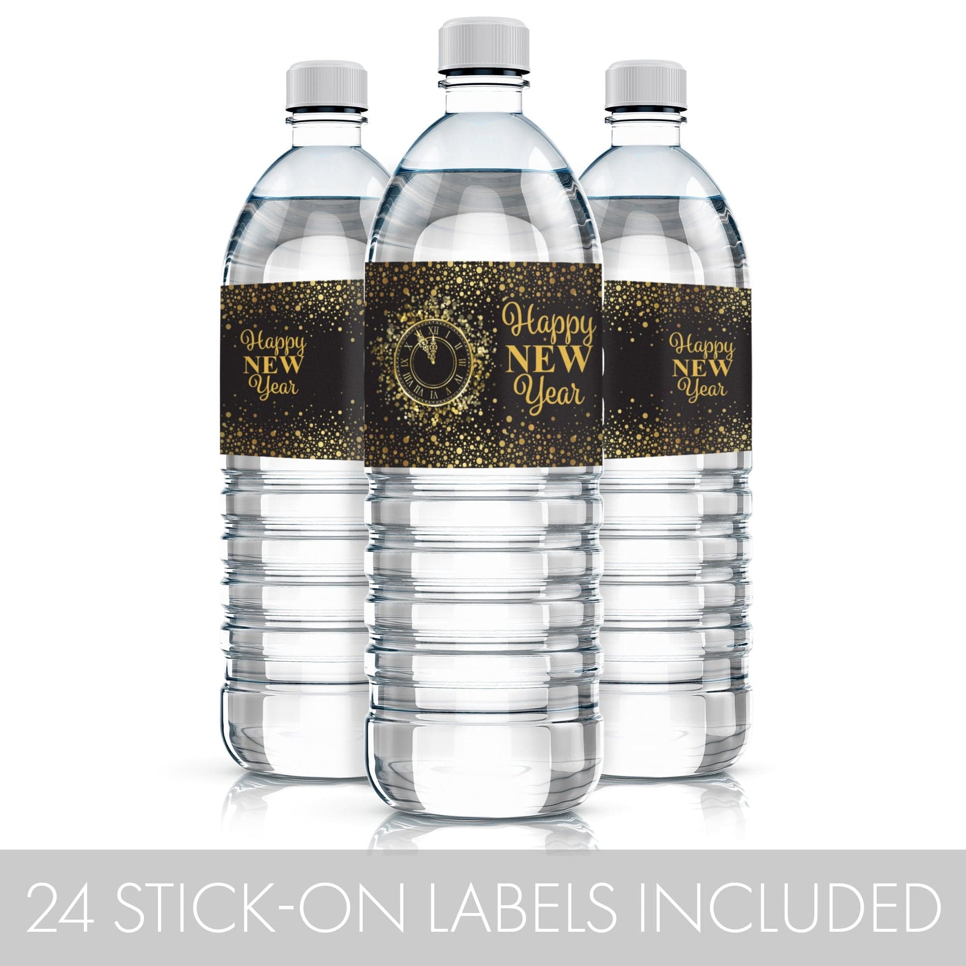 Black and Gold New Year's Eve Party Water Bottle Labels - 24 Count