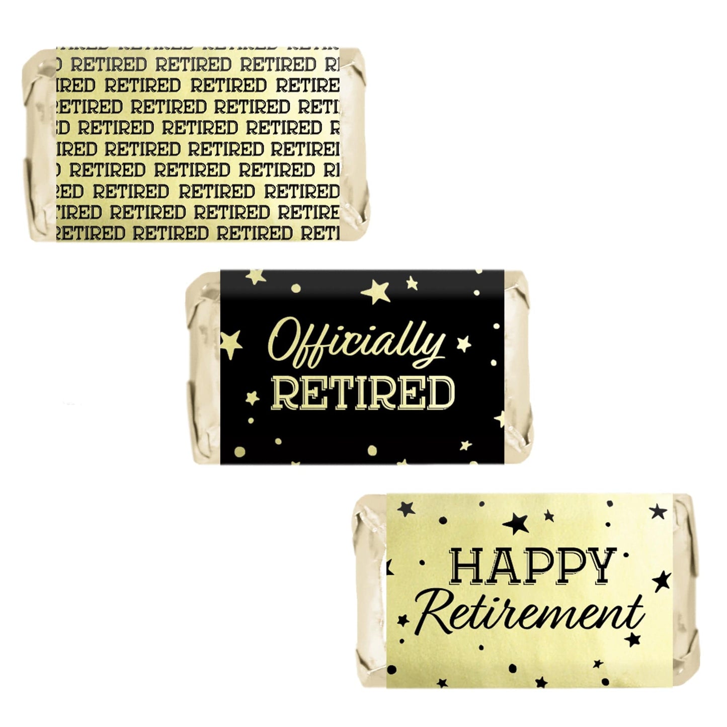 Black and Gold Retirement Party Mini Candy Bar Stickers on Shiny Foil - 45 Count