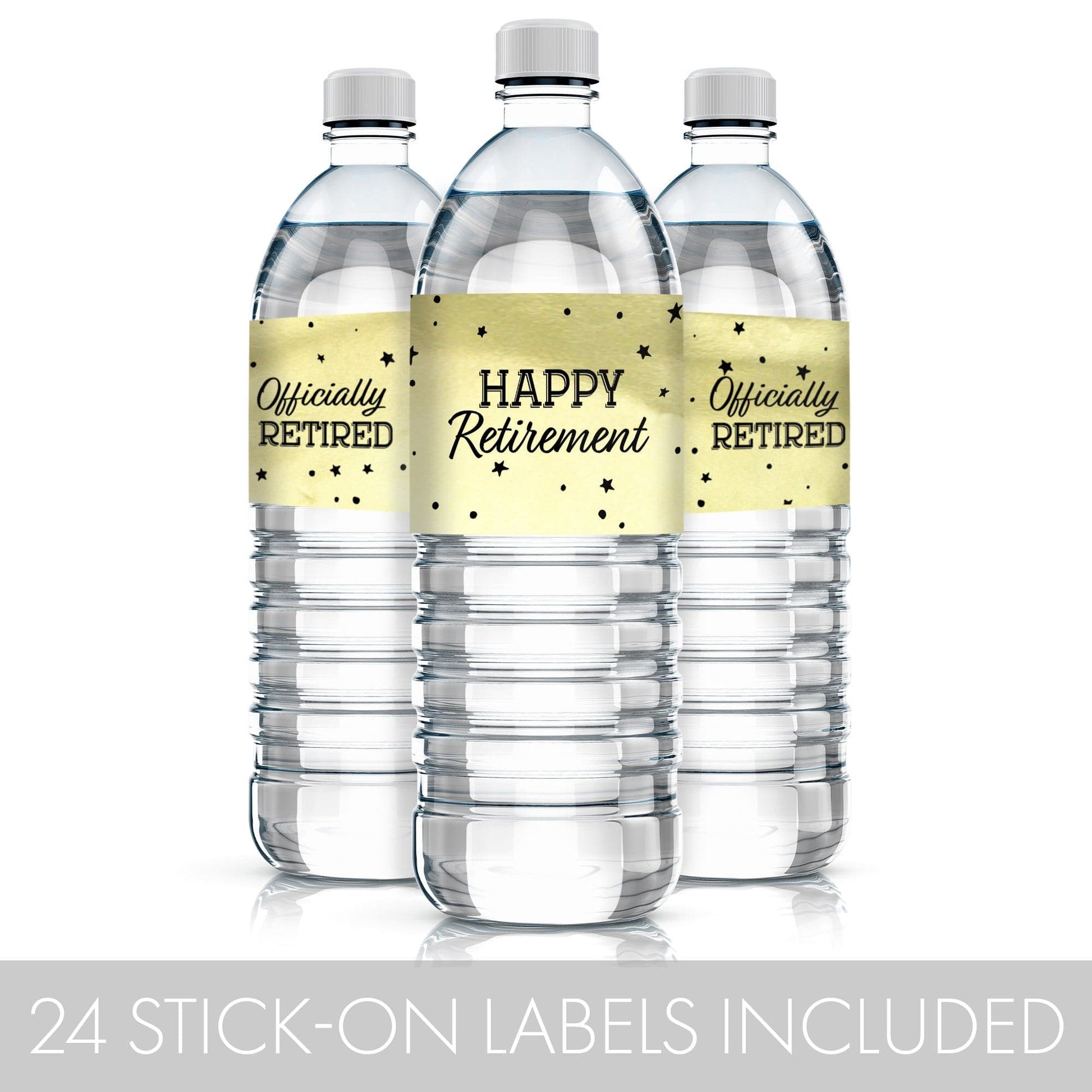 Black and Gold Retirement Party Water Bottle Labels on Shiny Foil - 24 Count