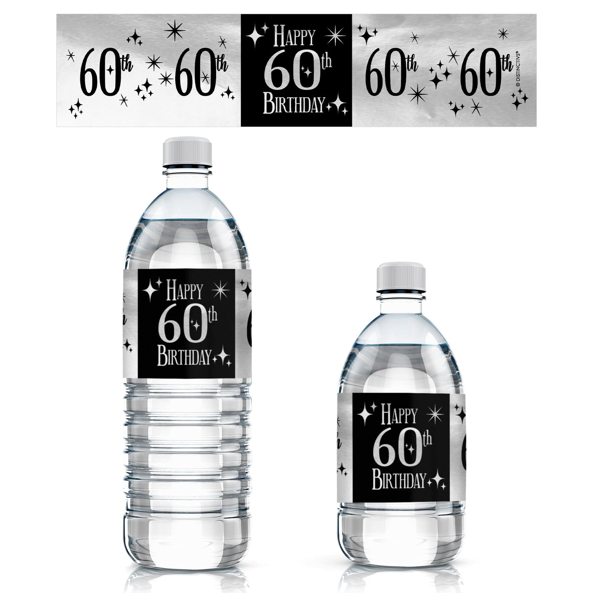 Black and Silver 60th Birthday Shiny Foil Water Bottle Labels, 24 Count