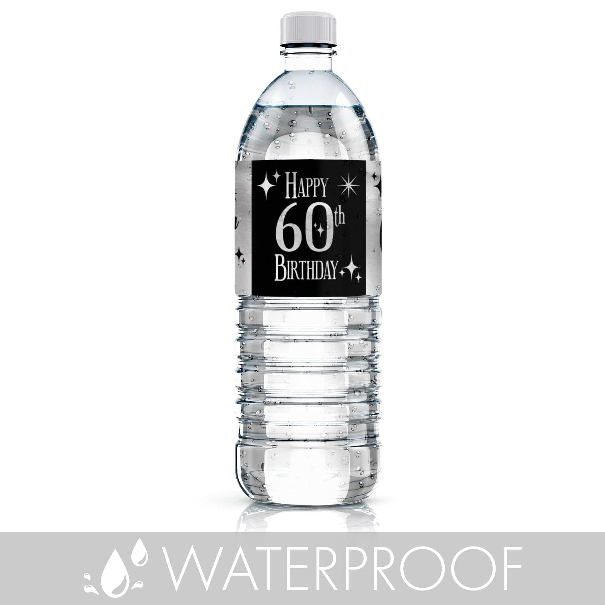 Throw a 60th birthday party with these black and silver foil water bottle labels!