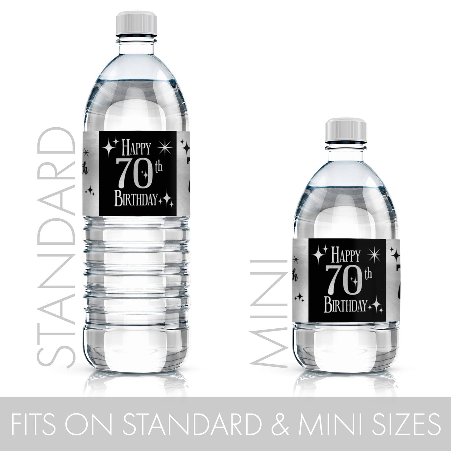 Make your celebration shine with these 24 count black and silver 70th birthday water bottle labels.