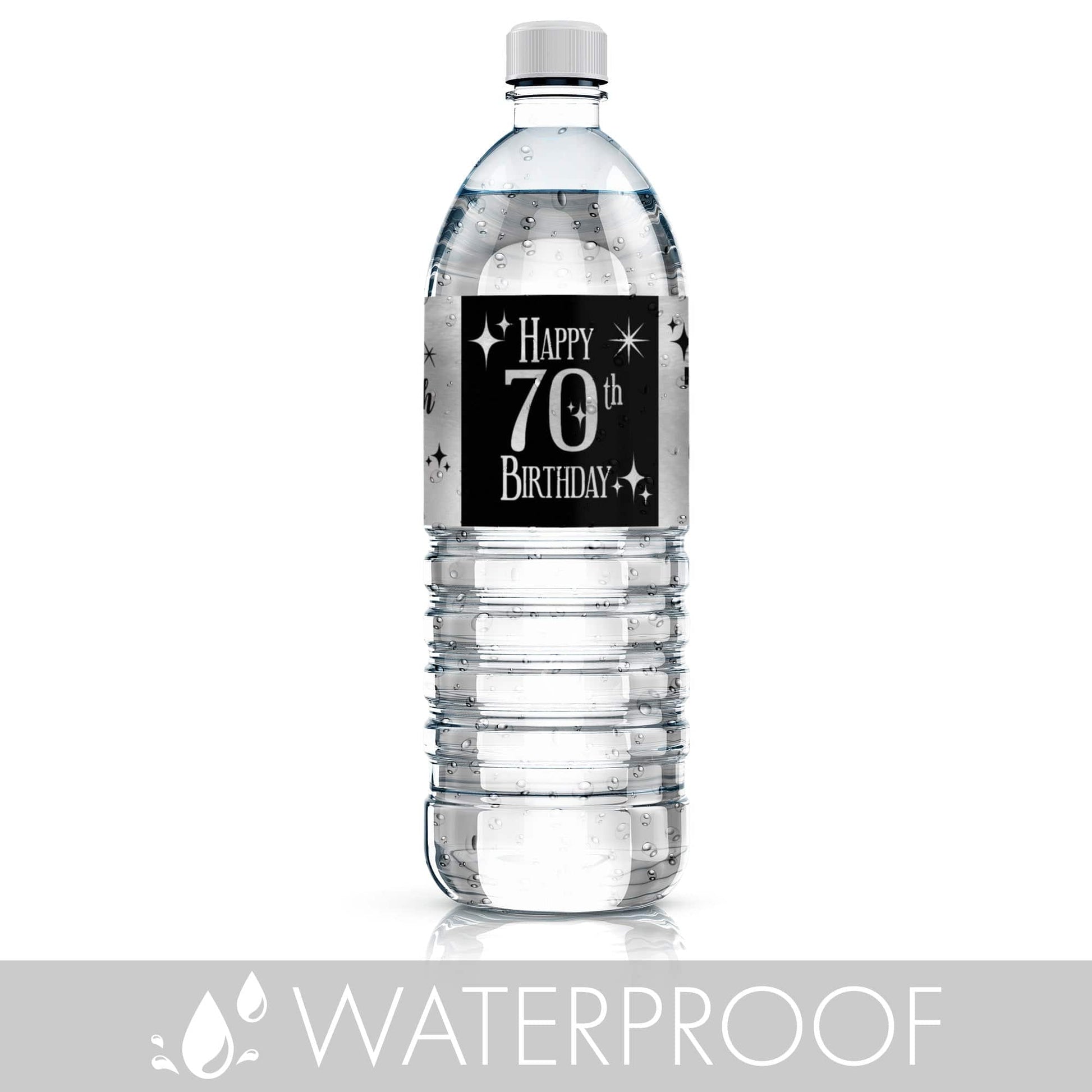 Celebrate in style with these black and silver 70th birthday water bottle labels.