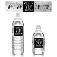 Black and Silver 70th Birthday Shiny Foil Water Bottle Labels, 24 Count
