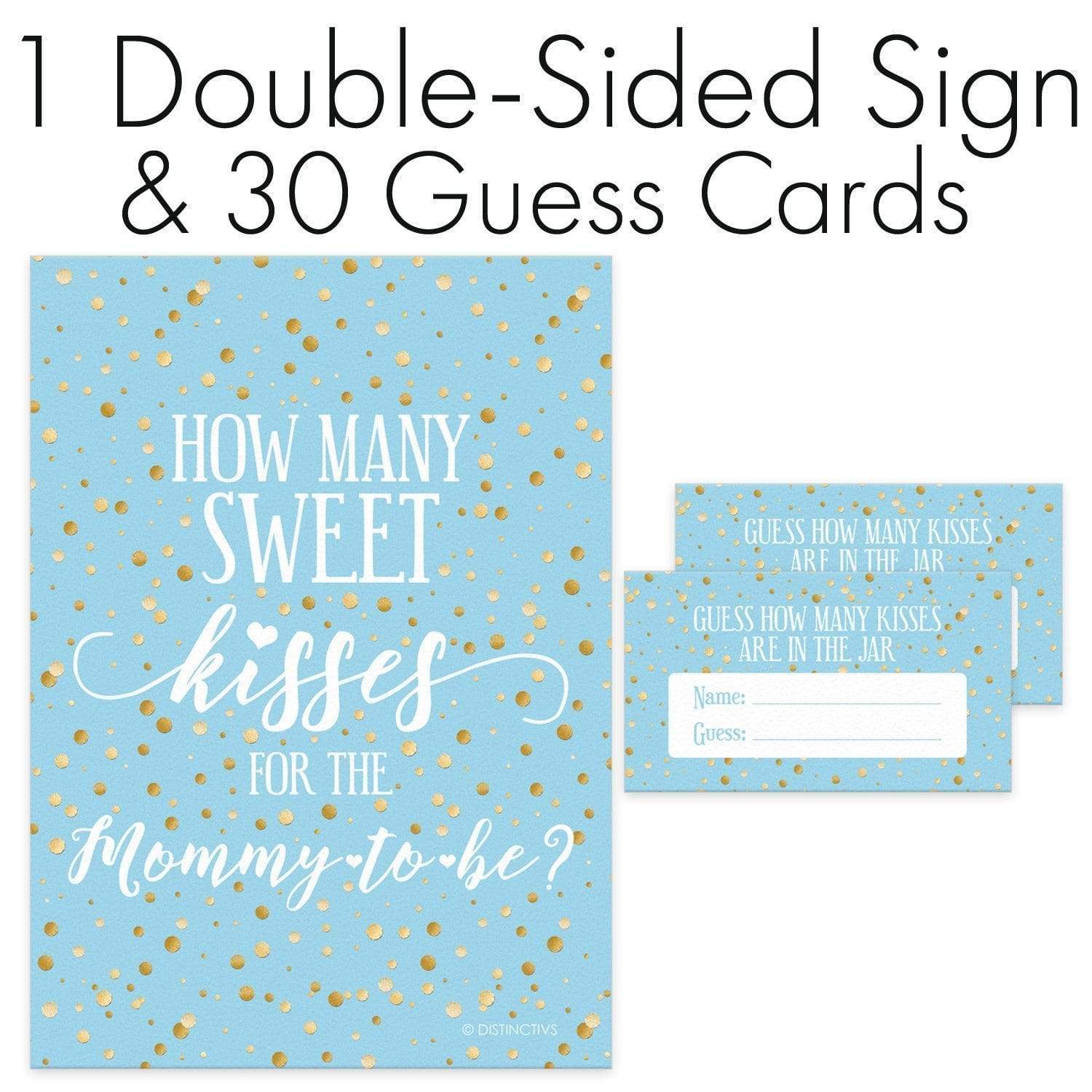 Sign with Cards Blue and Gold How Many Kisses Baby Shower Game