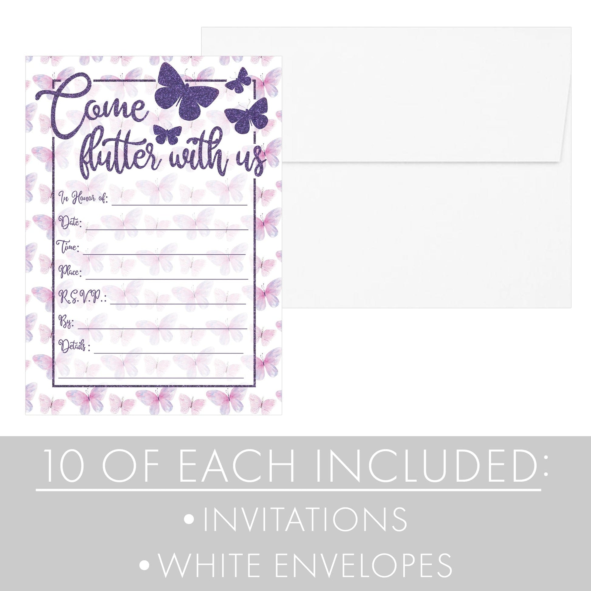 Butterfly Birthday Party Invitations - Purple Butterfly Wishes - 10 Cards with Envelopes