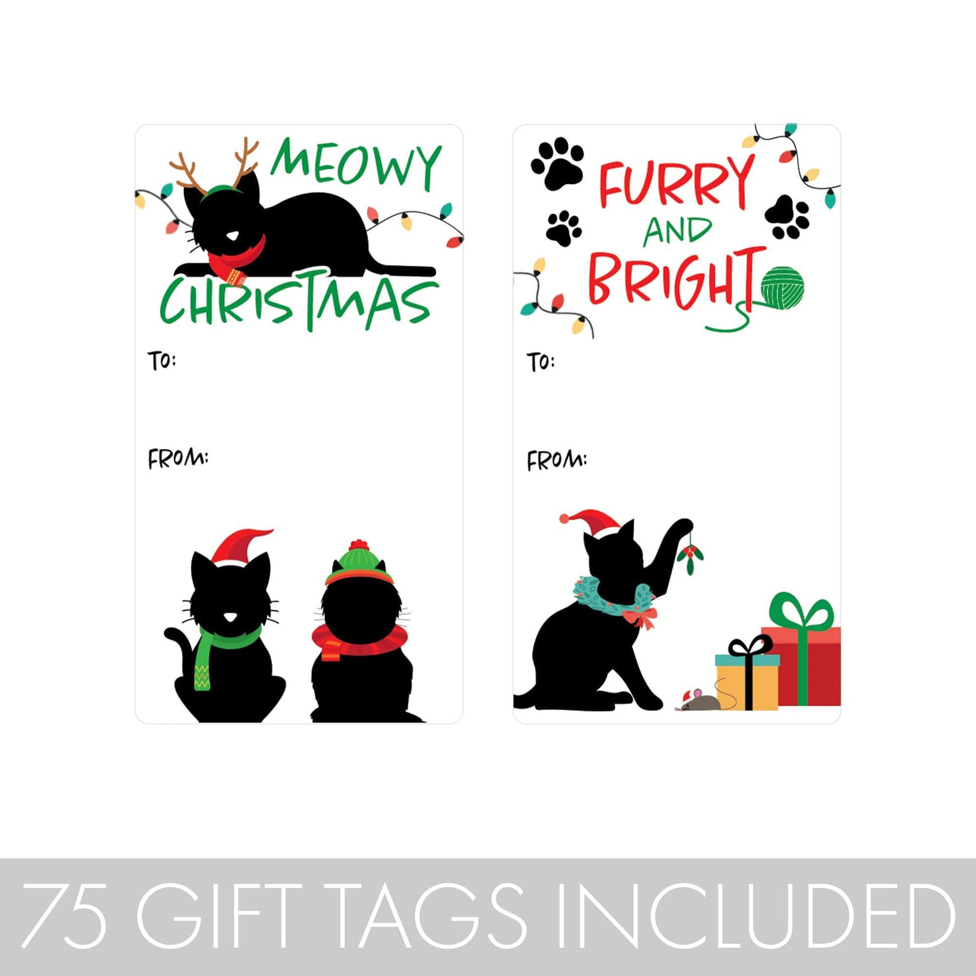 Cat Christmas Gift Tag Stickers - Meowy Christmas Kitten Gift Wrap Labels - 75 Count