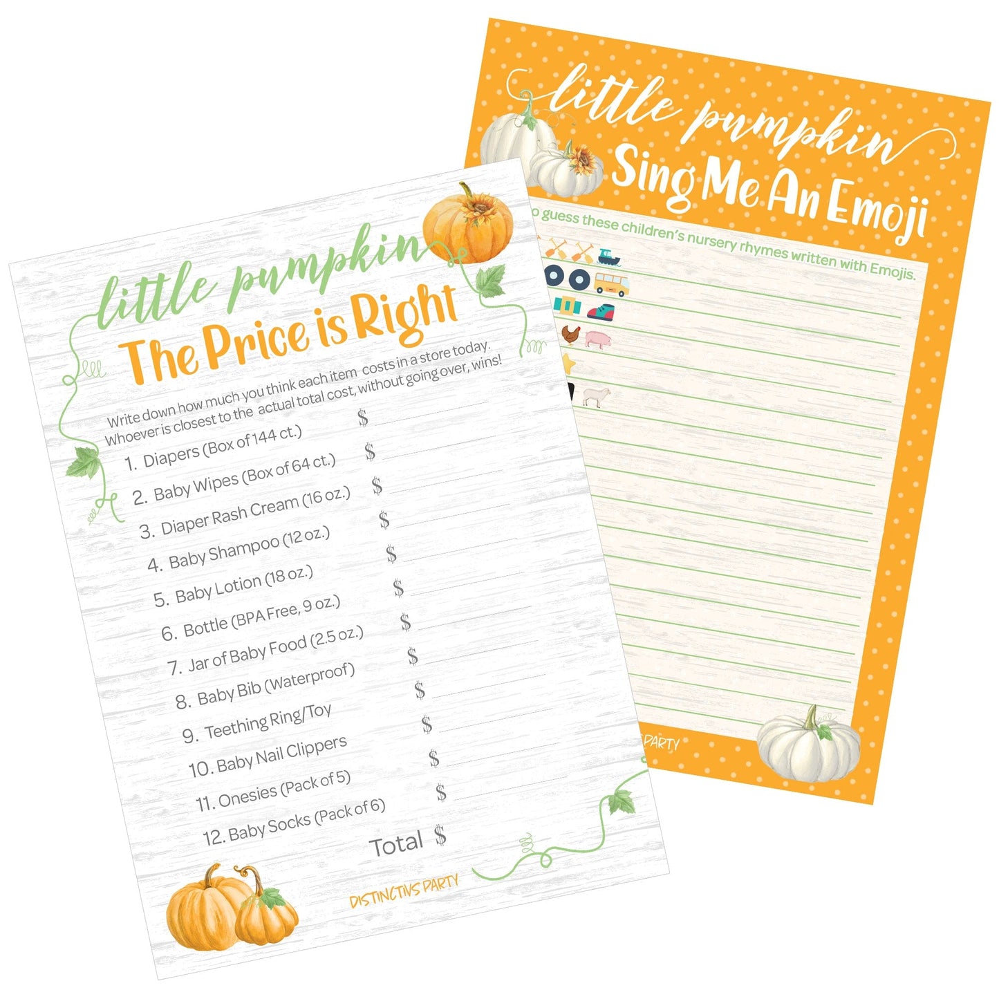 Classic Orange Little Pumpkin Baby Shower 2 Game Bundle - Price is Right and Emoji Party Activity - 20 Dual Sided Cards