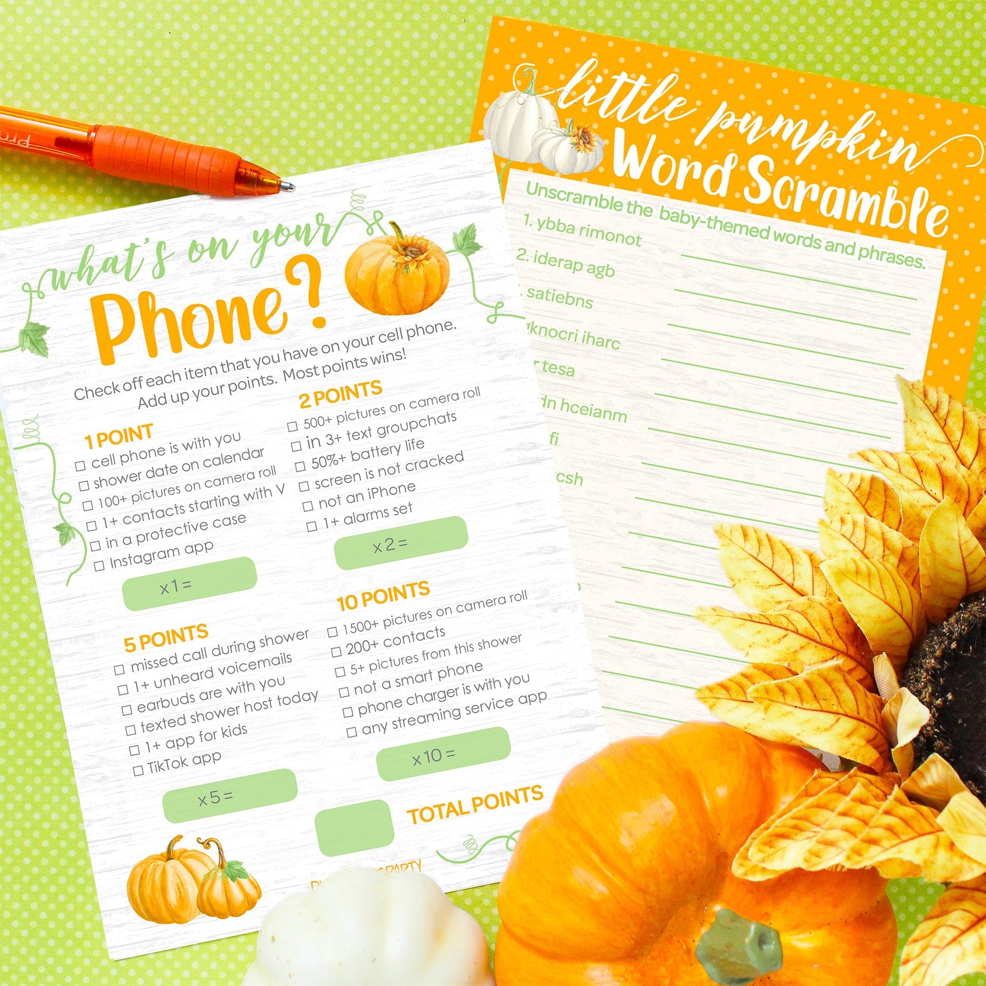 Classic Orange Little Pumpkin Baby Shower 2 Game Bundle - What's On Your Phone and Word Scramble Party Activity - 20 Dual Sided Cards
