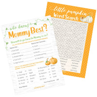 Classic Orange Little Pumpkin Baby Shower 2 Game Bundle - Word Search and Who Knows Mommy Best Party Activity - 20 Dual Sided Cards