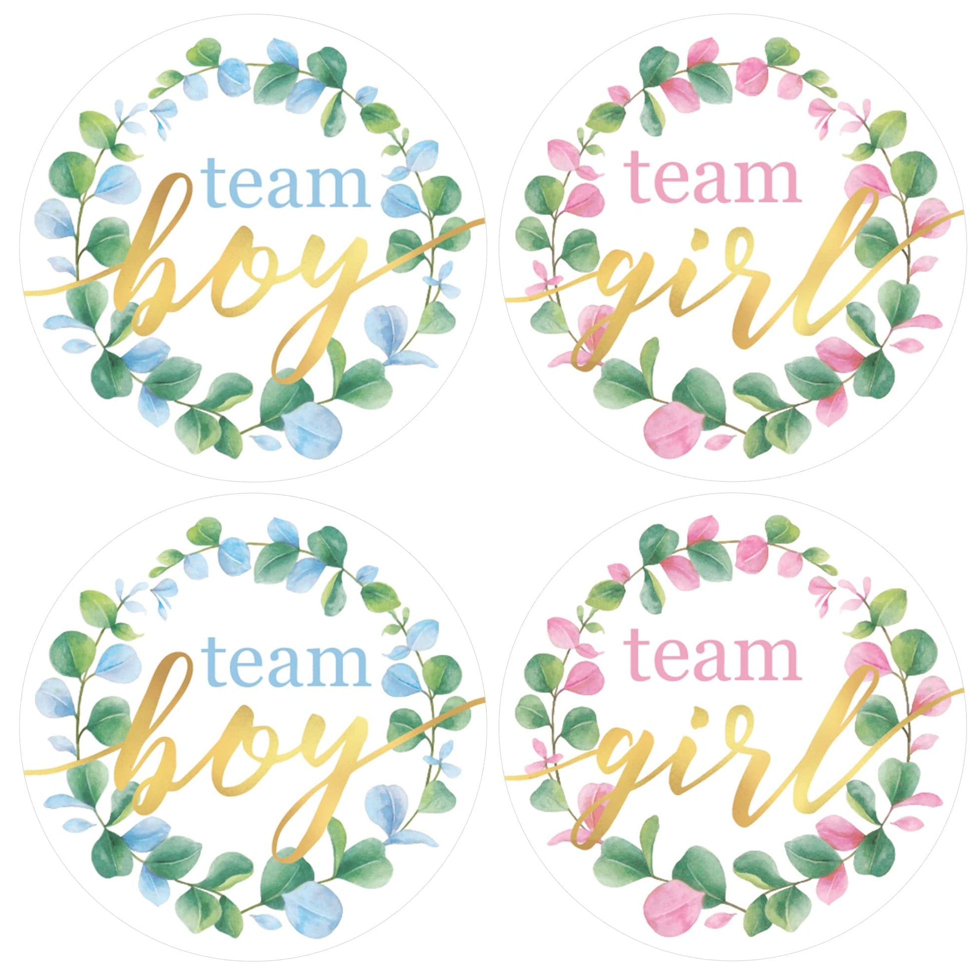 Eucalyptus Greenery Gender Reveal Party Stickers - Team He or Team She - 40 Labels