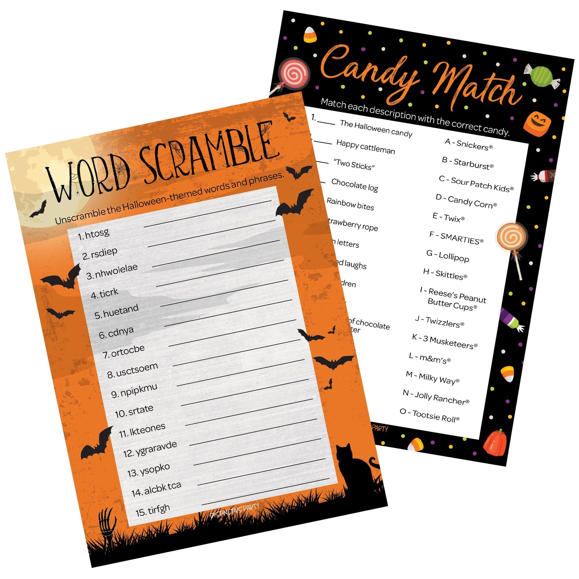 Halloween Party 2 Game Bundle - Candy Match and Word Scramble - 25 Dual Sided Cards