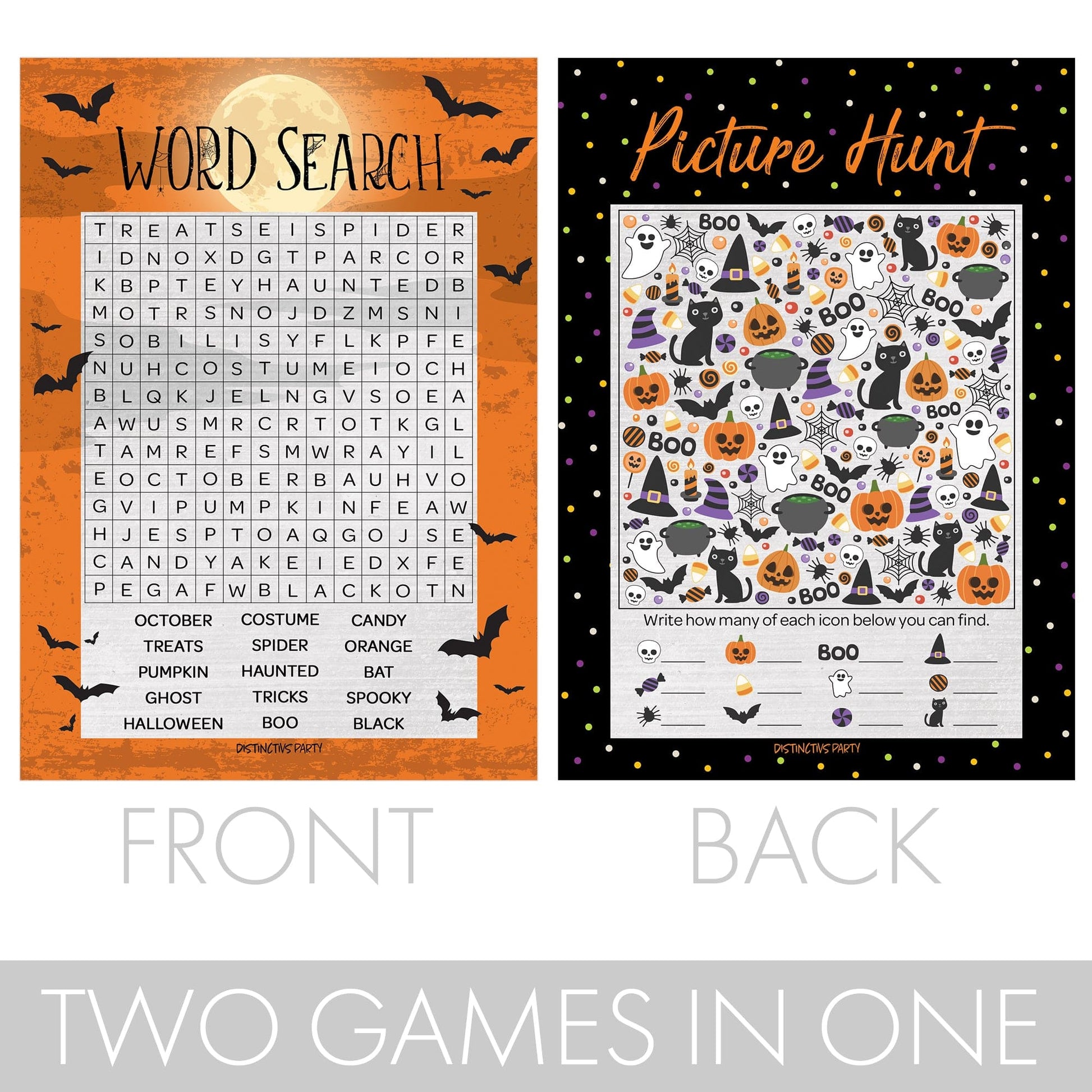Halloween Party 2 Game Bundle - Word Search and Picture Hunt - 25 Dual Sided Cards