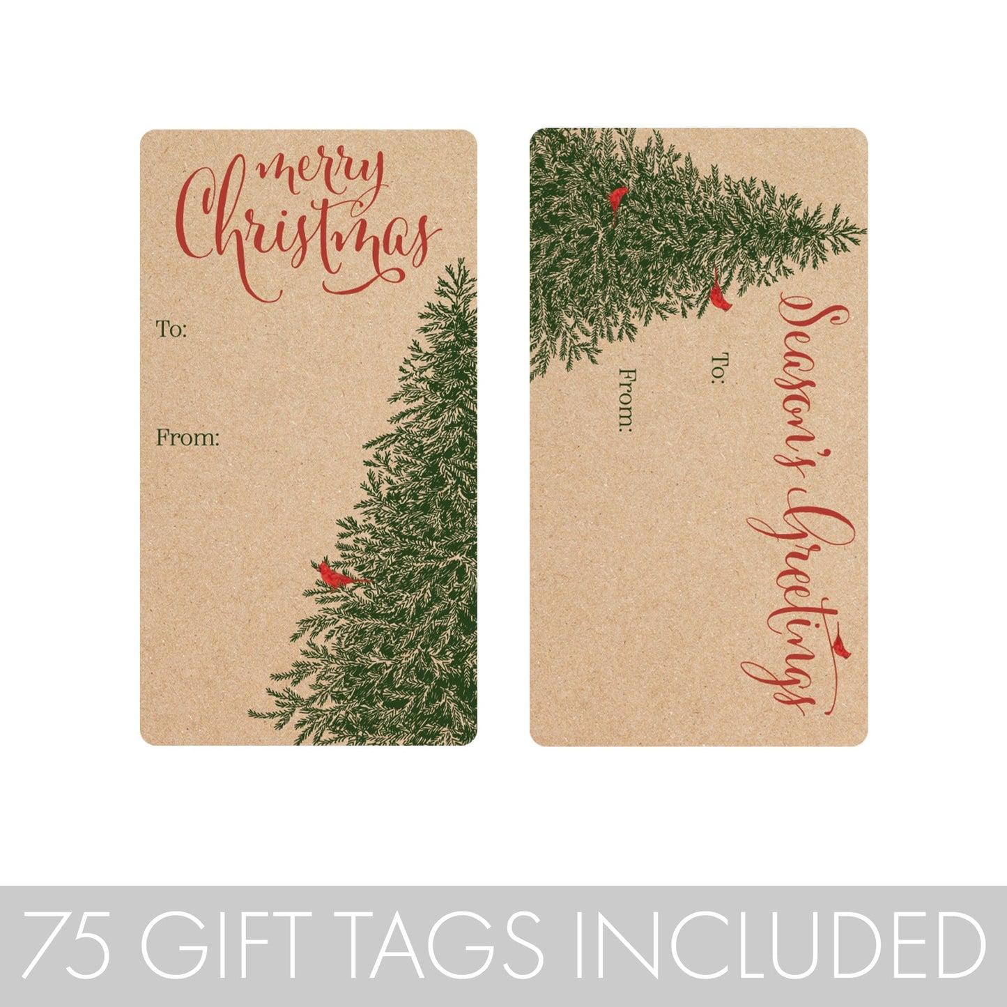Kraft Christmas Tree Gift Tag Stickers - Pine Trees and Red Cardinals - 75 Count