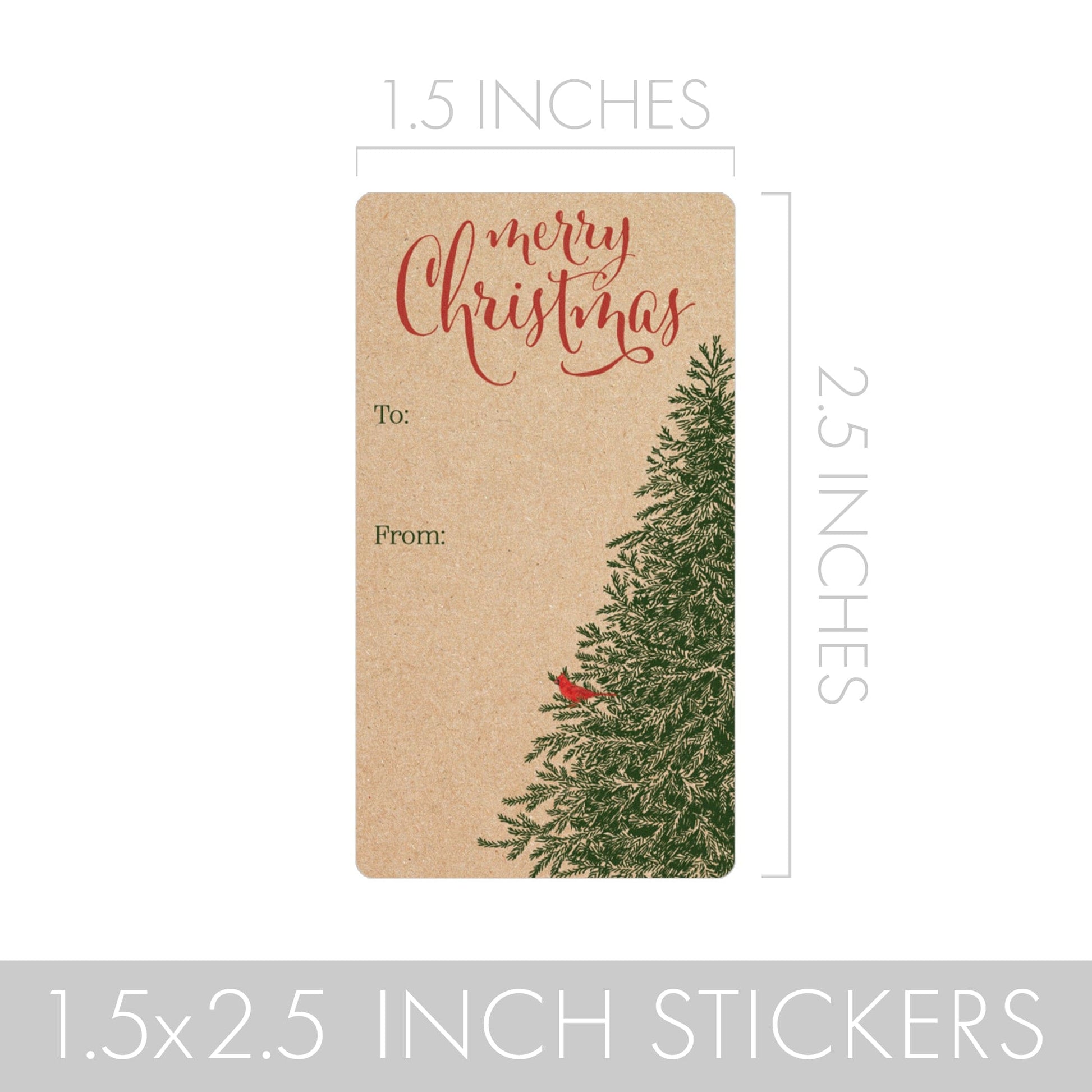 Kraft Christmas Tree Gift Tag Stickers - Pine Trees and Red Cardinals - 75 Count