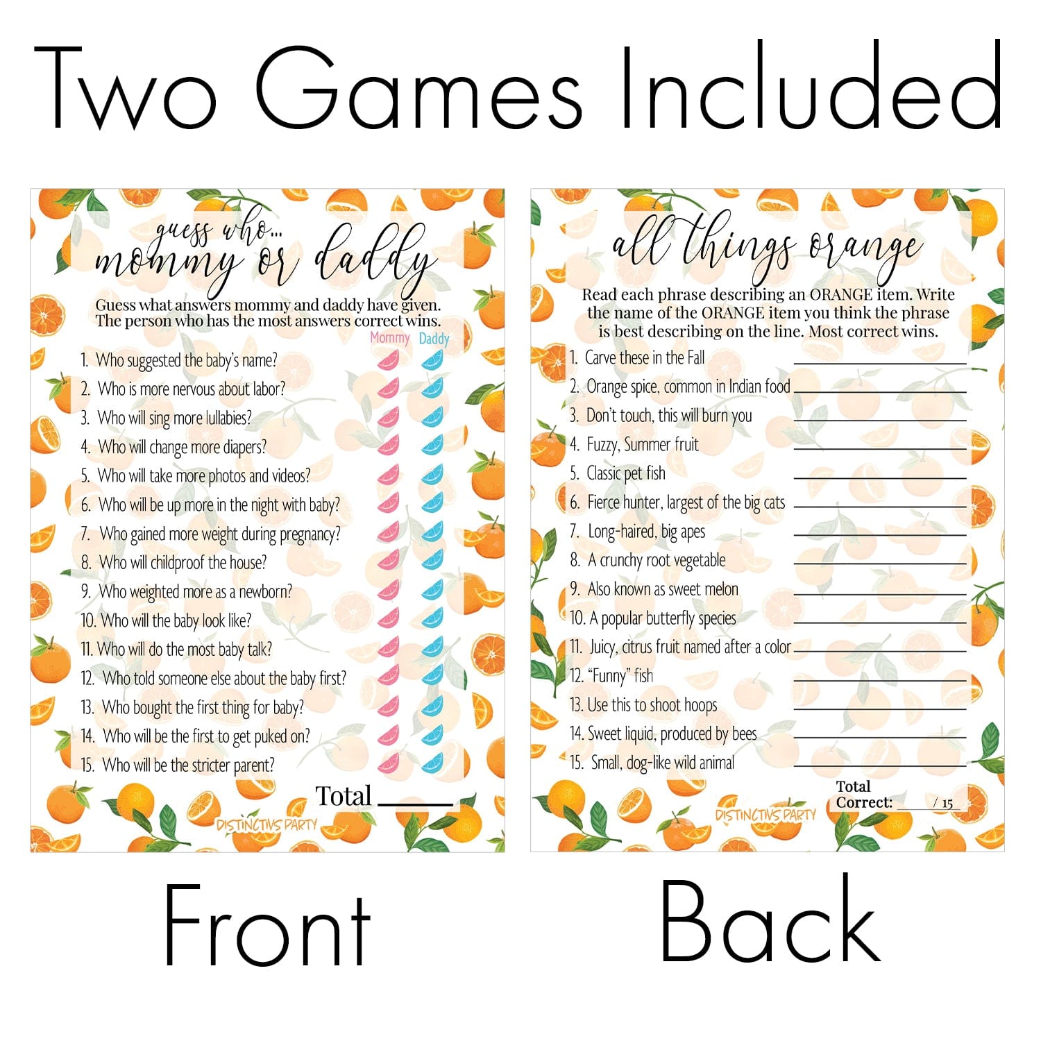 Little Cutie Baby Shower 2 Game Bundle - Guess Who Mommy or Daddy and All Things Orange - 20 Dual Sided Cards