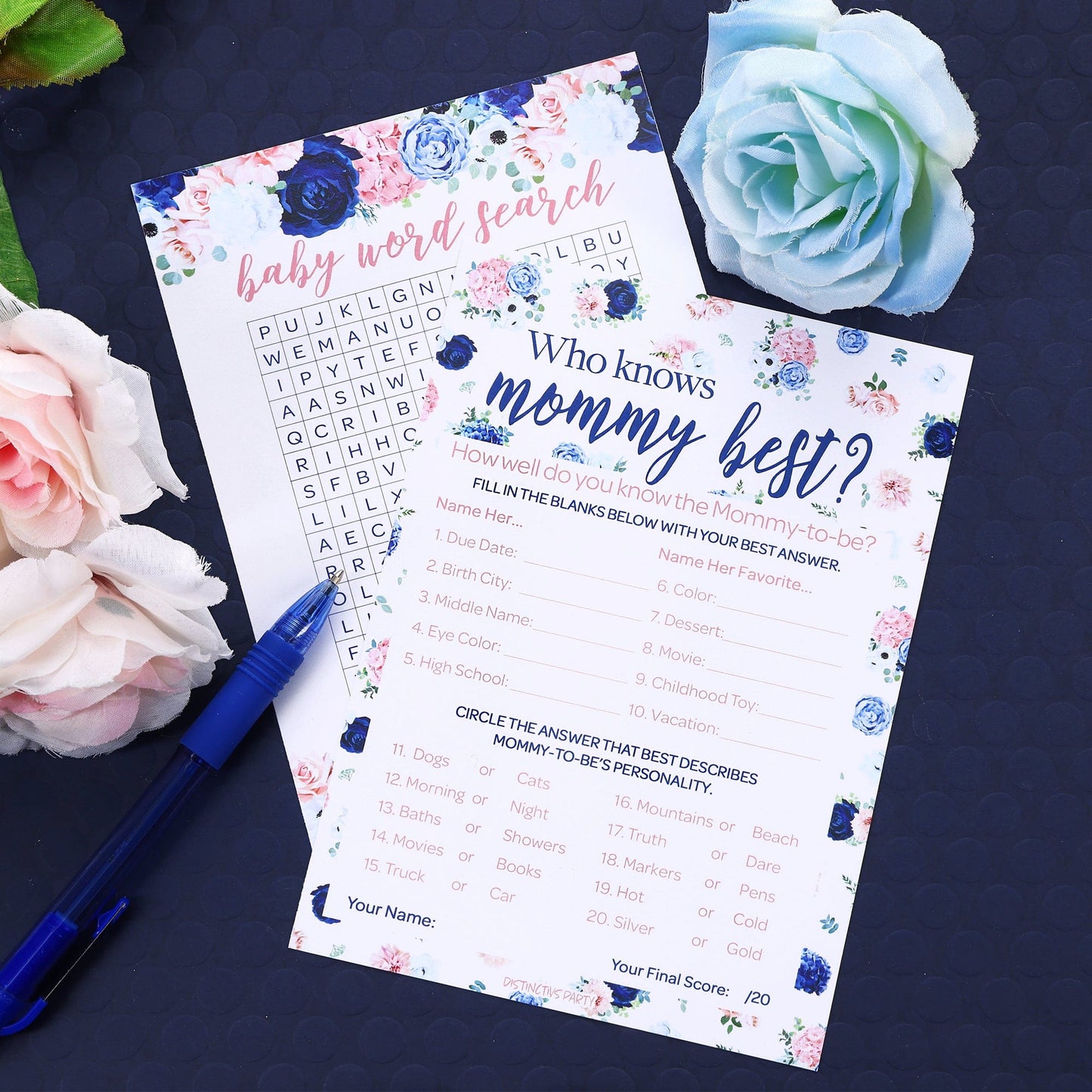 Spring and summer themed Navy and Blush Floral Who Knows Mommy Best and Word Search Baby Shower Game Bundle encourages guests to answer fun questions about the mother and find baby-themed words in a word search