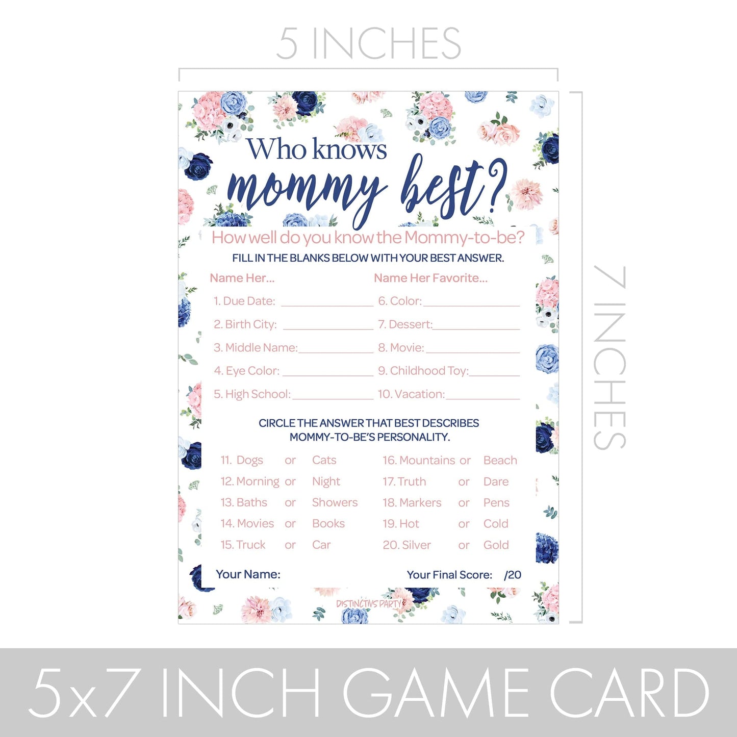 A navy blue and blush pink floral party activity bundle featuring 20 double-sided game cards great for a gender celebration