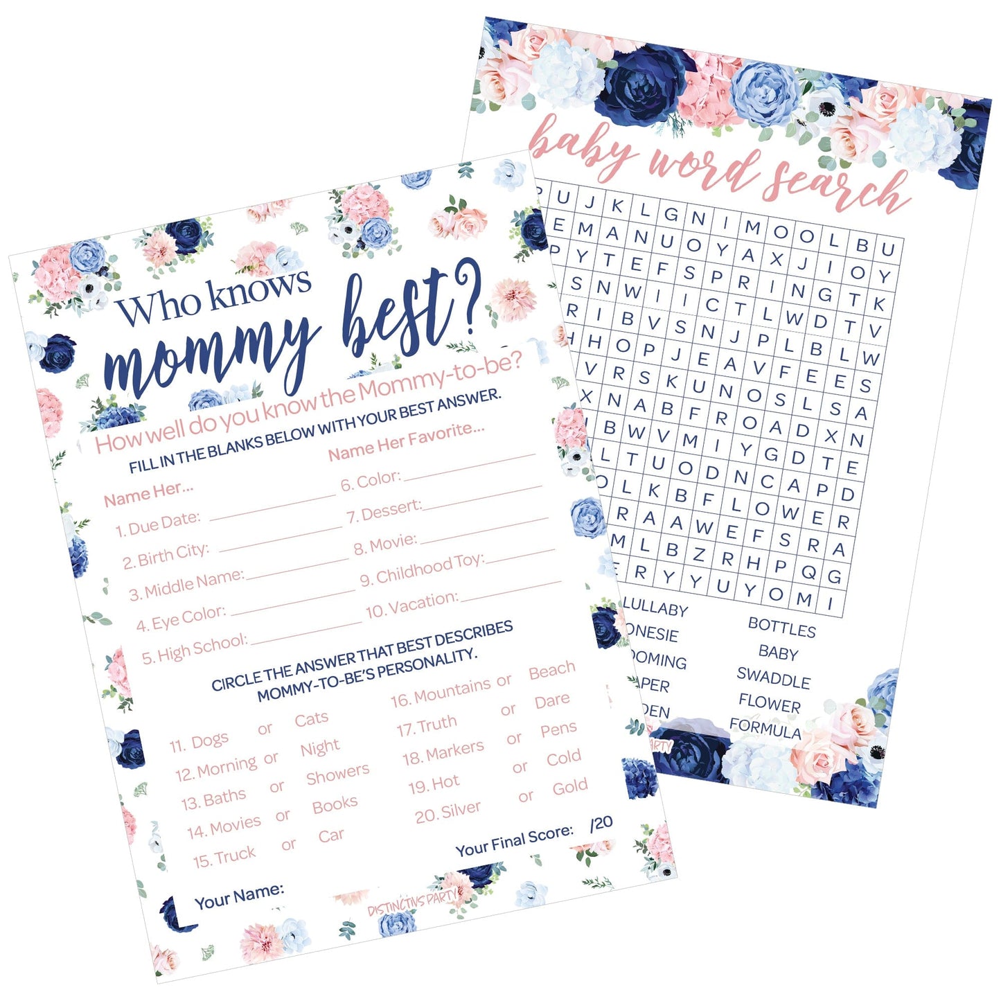 Navy and Blush Floral Who Knows Mommy Best and Word Search Baby Shower Game Bundle - 20 Dual-Sided Game Cards