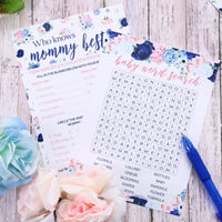 Adorned with flowers and pink and blue floral designs, this Navy and Blush Floral Who Knows Mommy Best and Word Search Baby Shower Game Bundle will be an excellent addition to any team he or she gender reveal party