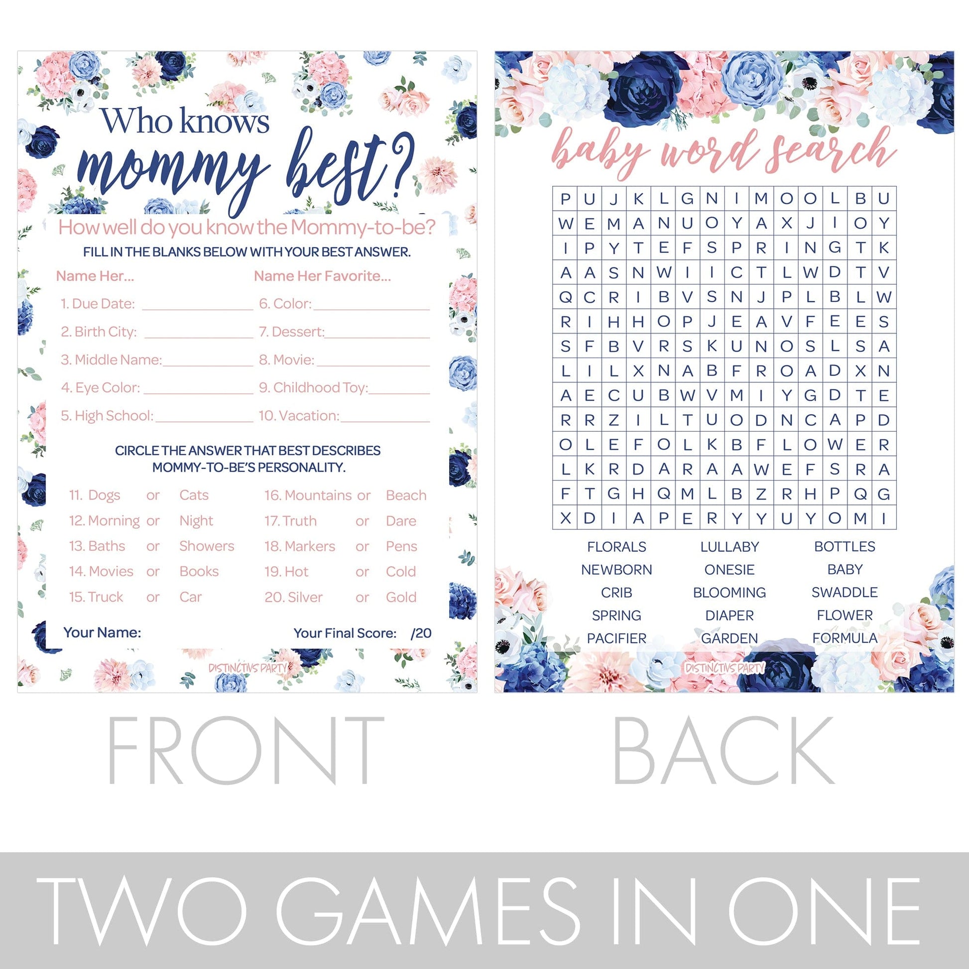 A navy and blush floral game bundle featuring 20 double-sided game cards perfect for a gender reveal party