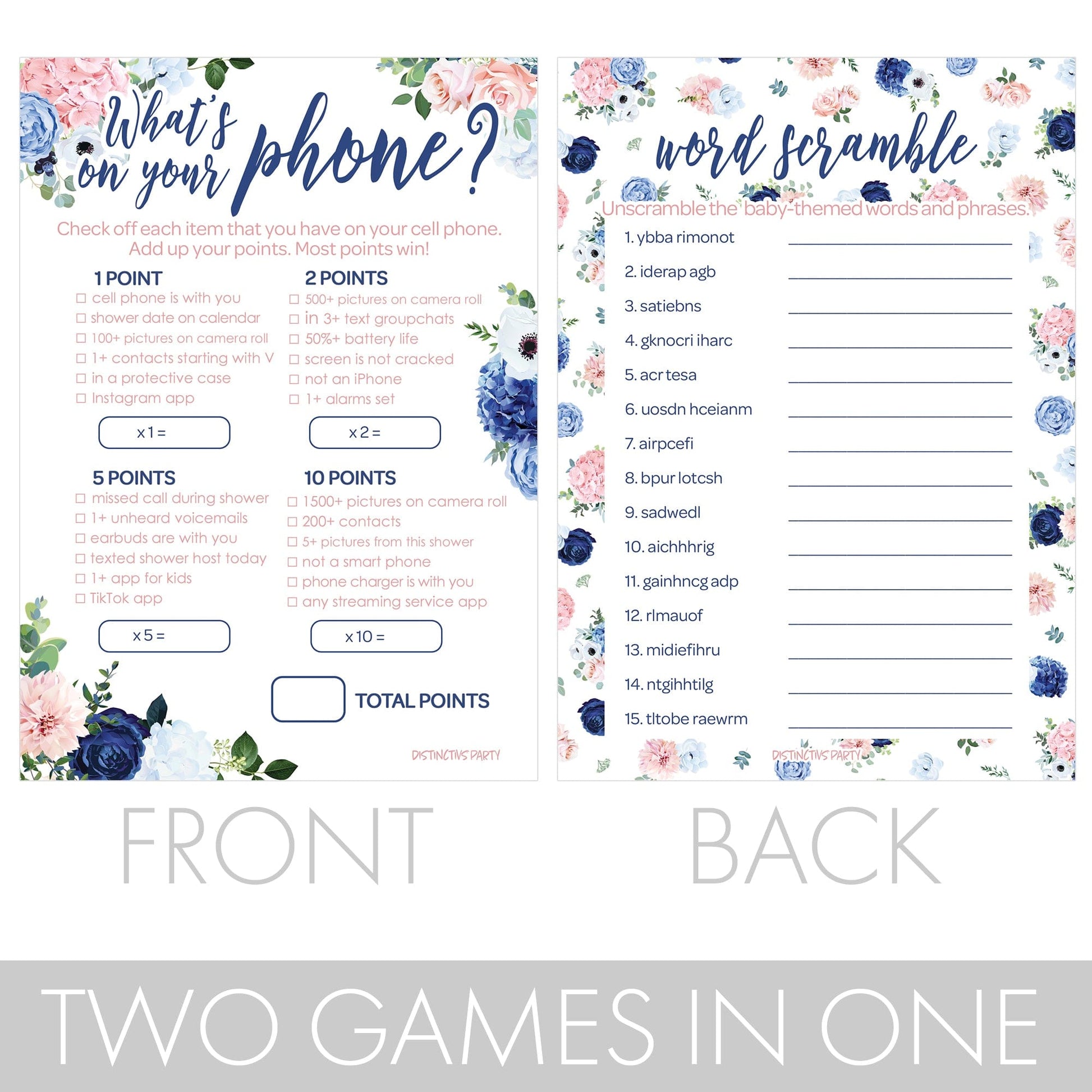 Navy and Blush Gender Reveal Party Game featuring 20 double-sided floral themed game cards decorated with pink and blue floral designs