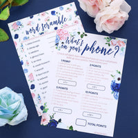 Spring and summer themed gender reveal game card decorated with flowers and pink and blue floral designs