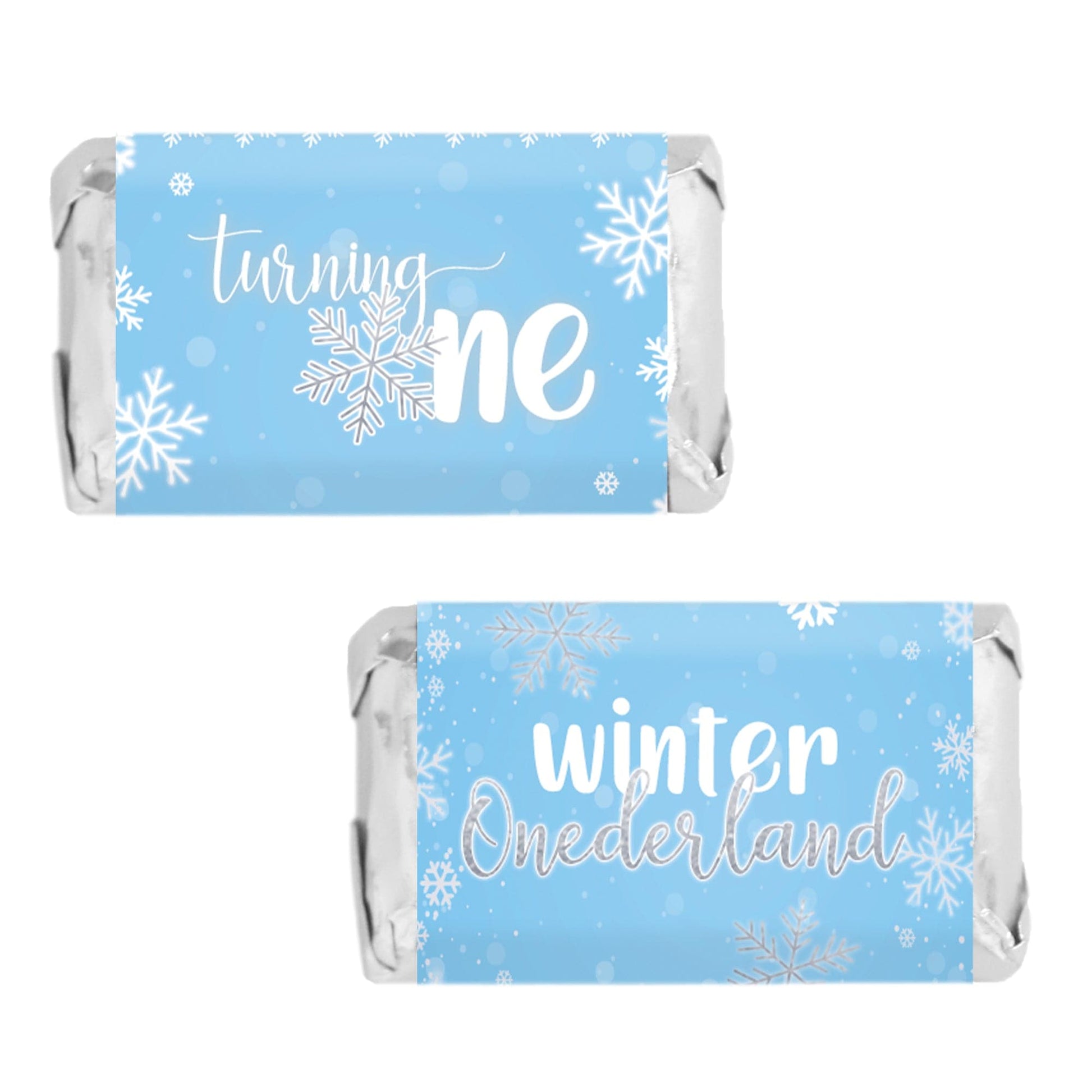 Onederland Snowflake Winter 1st Birthday Mini Candy Bar Wrappers - 45 Stickers (Blue)