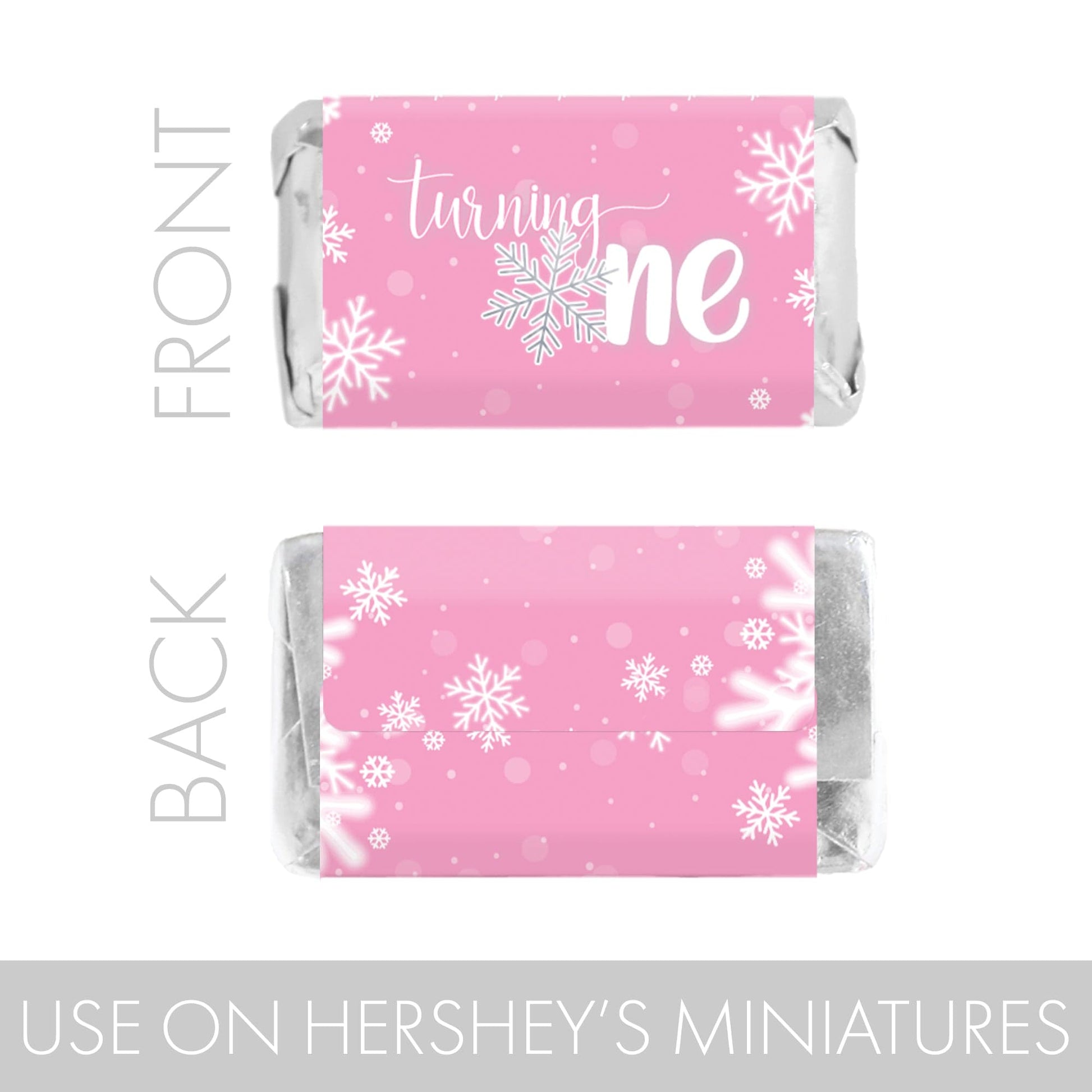 Add a special wintery touch to your Onederland Snowflake first birthday party with these mini candy bar wrappers