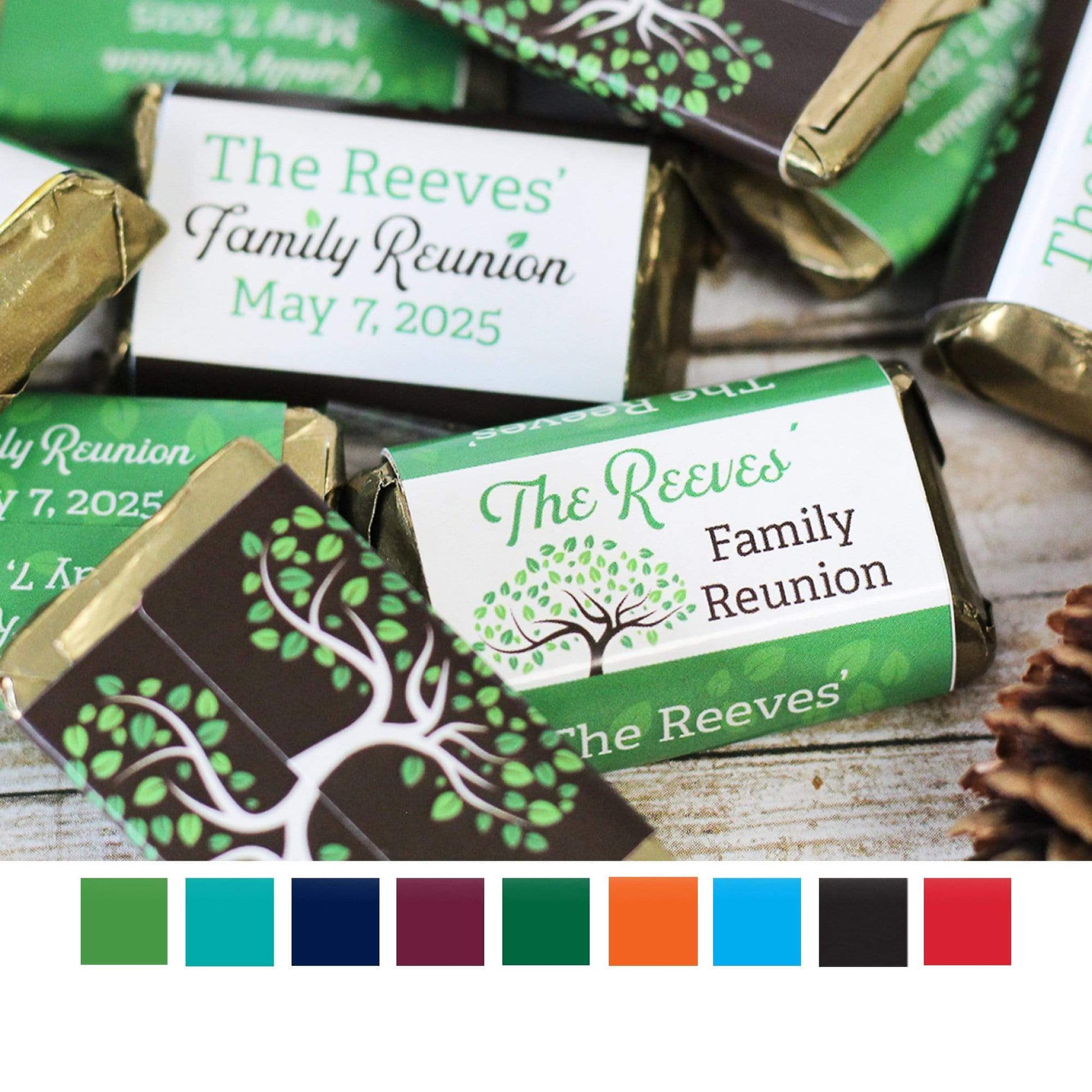 Personalized Family Reunion Mini Candy Bar Labels - 45 Stickers (9 Colors)