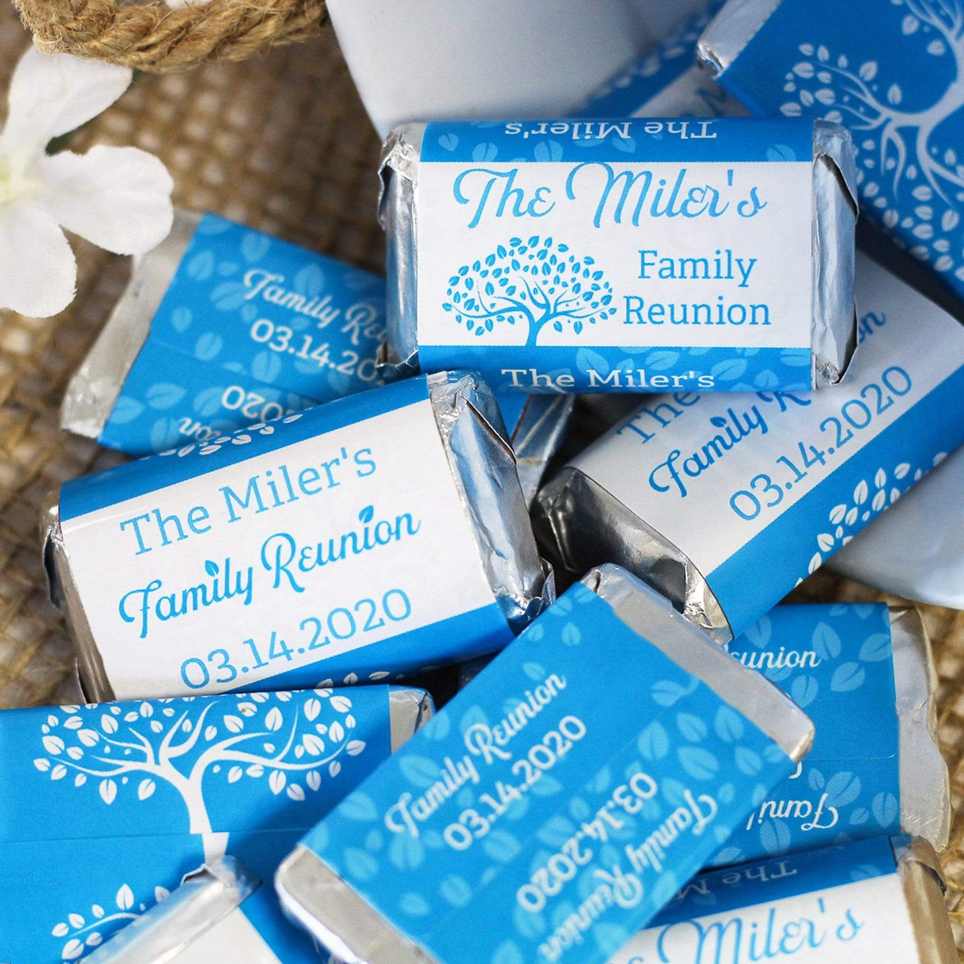 Neon Blue Personalized Family Reunion Mini Candy Bar Labels - 45 Stickers (9 Colors)