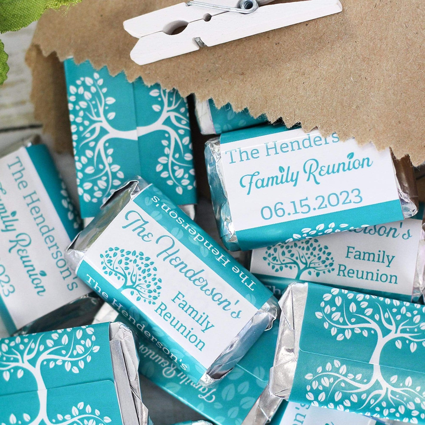 Teal Personalized Family Reunion Mini Candy Bar Labels - 45 Stickers (9 Colors)