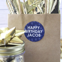 Dark Blue Personalized Happy Birthday Party Favor Stickers with Name - 1.75 in - 40 Labels