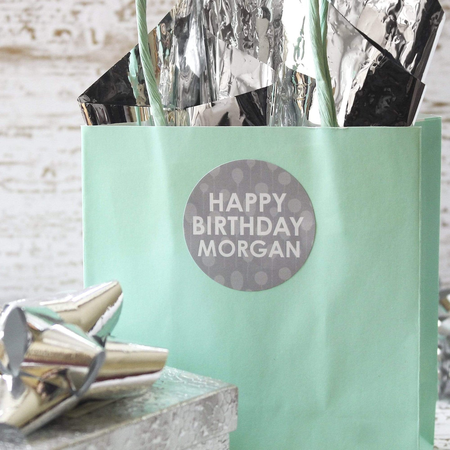 Gray Personalized Happy Birthday Party Favor Stickers with Name - 1.75 in - 40 Labels
