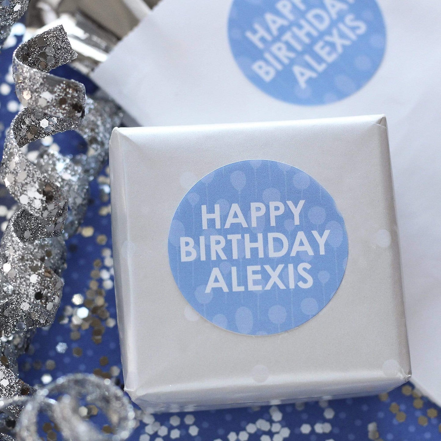 Light Blue Personalized Happy Birthday Party Favor Stickers with Name - 1.75 in - 40 Labels