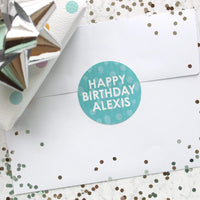 Teal Personalized Happy Birthday Party Favor Stickers with Name - 1.75 in - 40 Labels