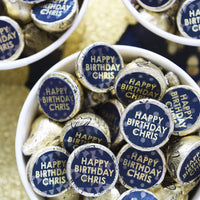 Blue Gold Personalized Happy Birthday Party Favor Stickers With Name - 180 Stickers