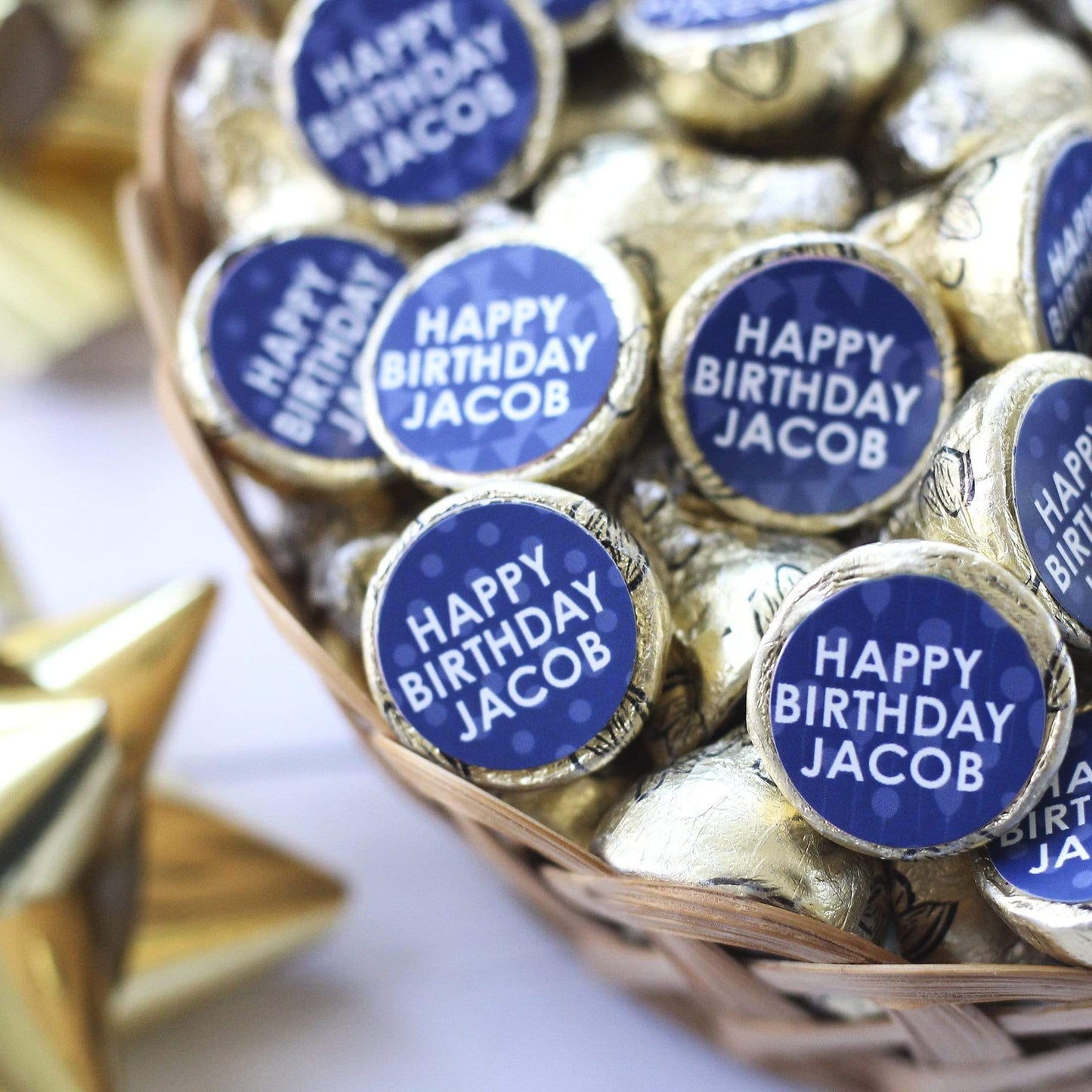 Dark Blue Personalized Happy Birthday Party Favor Stickers With Name - 180 Stickers