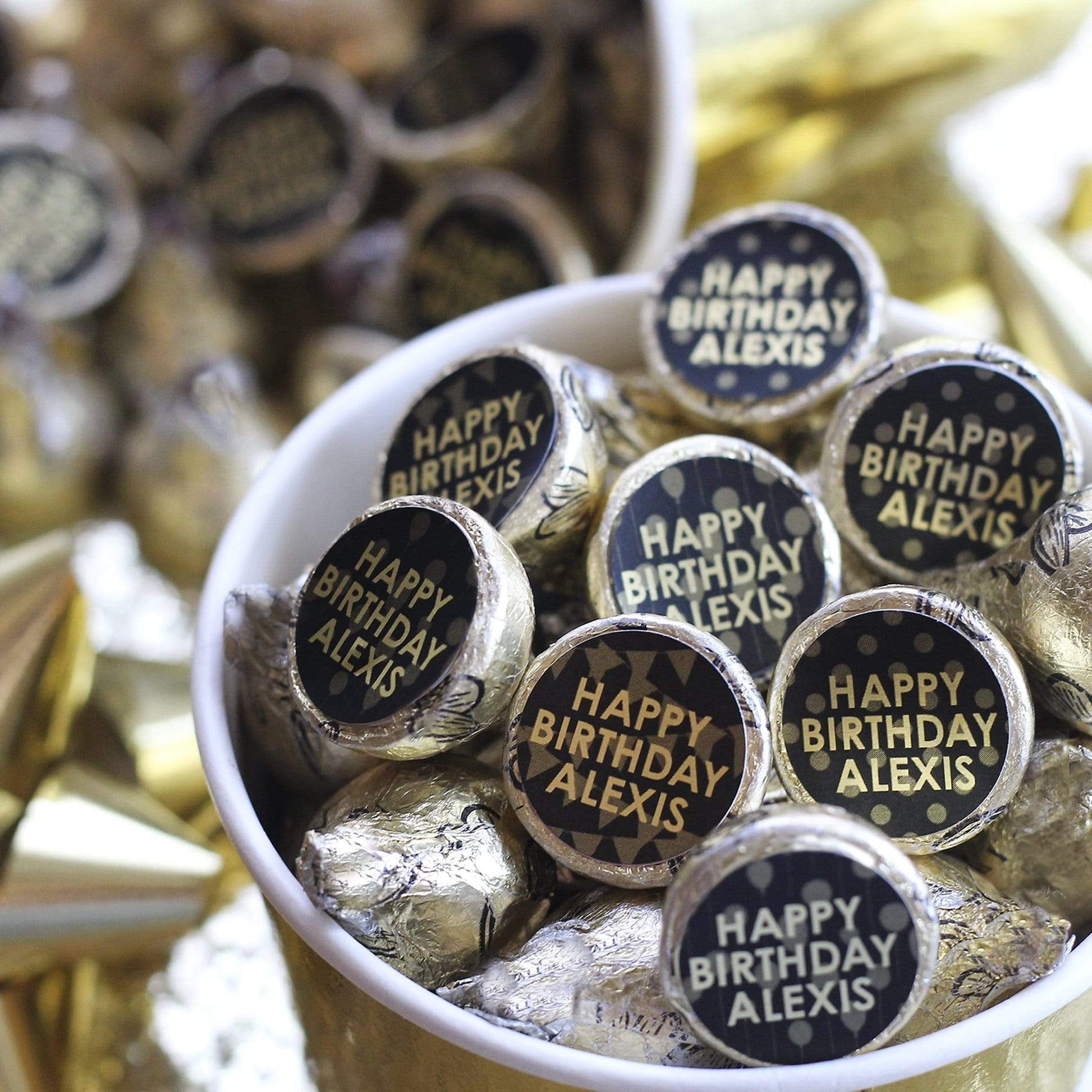 Gold Black Personalized Happy Birthday Party Favor Stickers With Name - 180 Stickers
