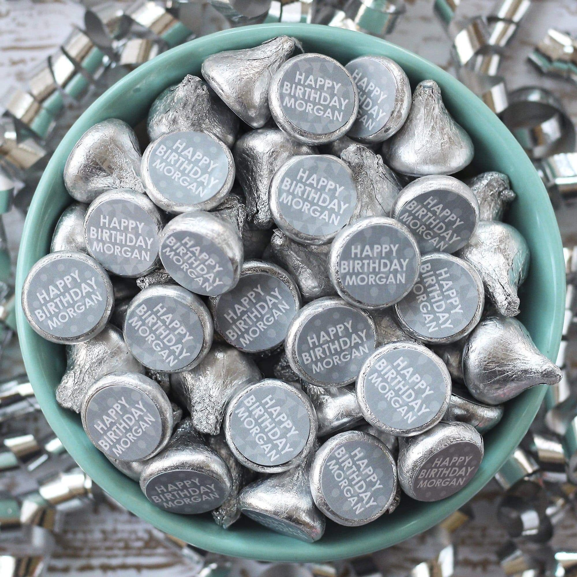 Gray Personalized Happy Birthday Party Favor Stickers With Name - 180 Stickers