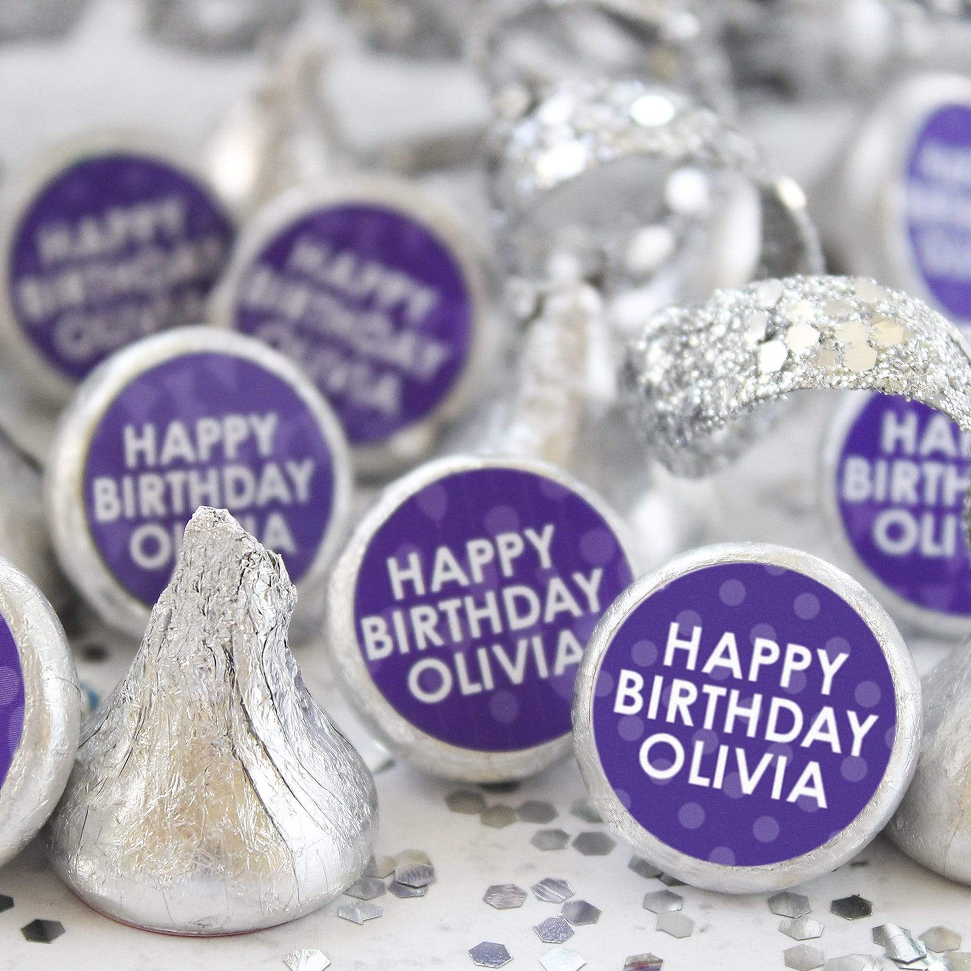 Purple Personalized Happy Birthday Party Favor Stickers With Name - 180 Stickers