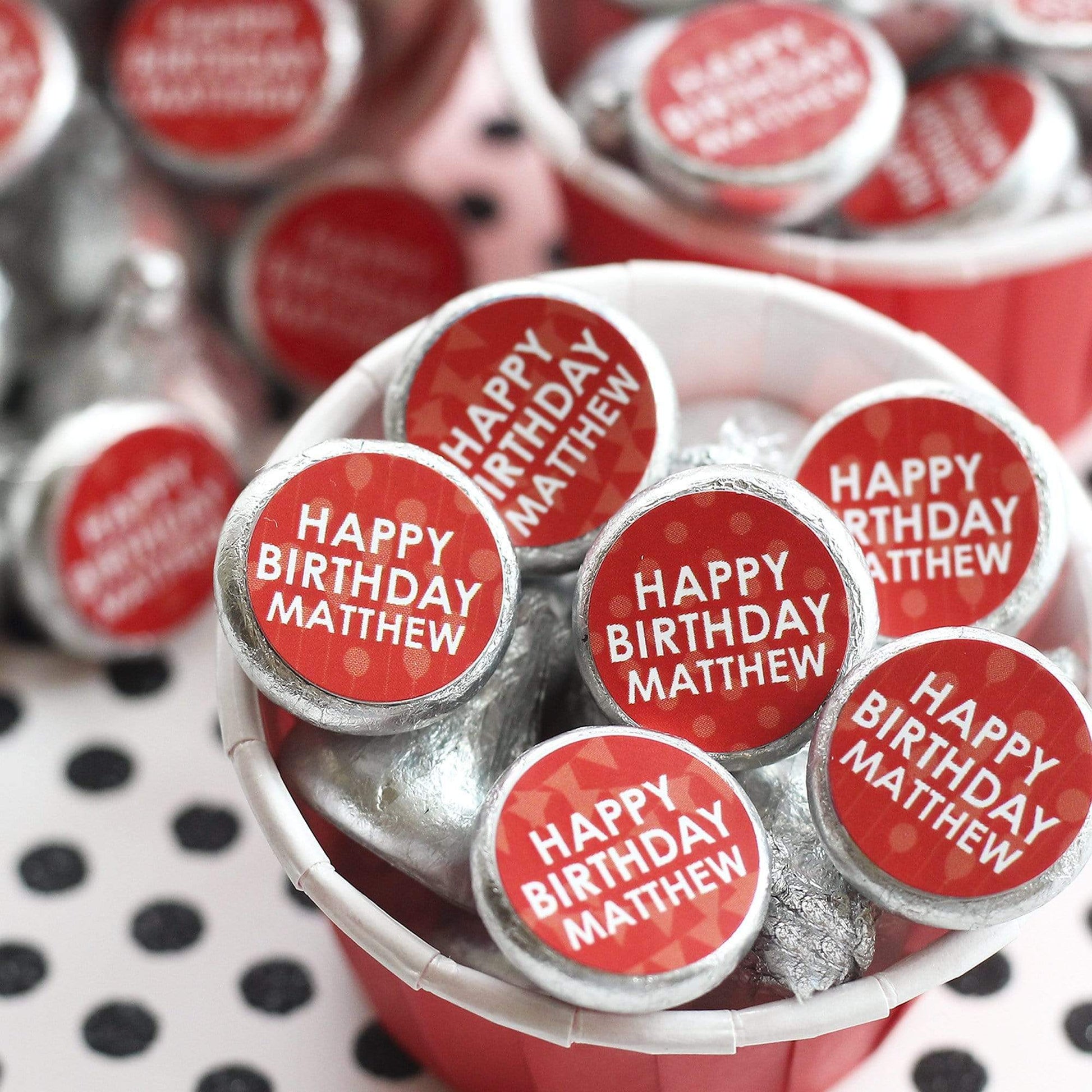 Red Personalized Happy Birthday Party Favor Stickers With Name - 180 Stickers