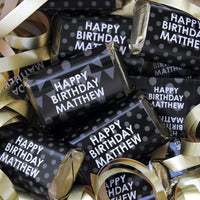 Black Personalized Happy Birthday Party Mini Candy Bar Wrappers with Name - 45 Stickers