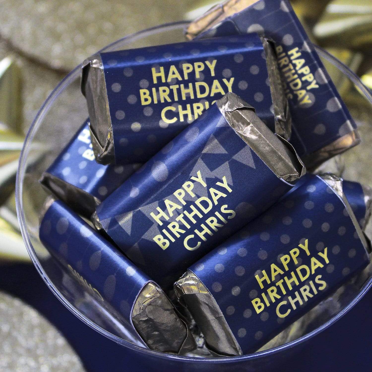 Blue Gold Personalized Happy Birthday Party Mini Candy Bar Wrappers with Name - 45 Stickers